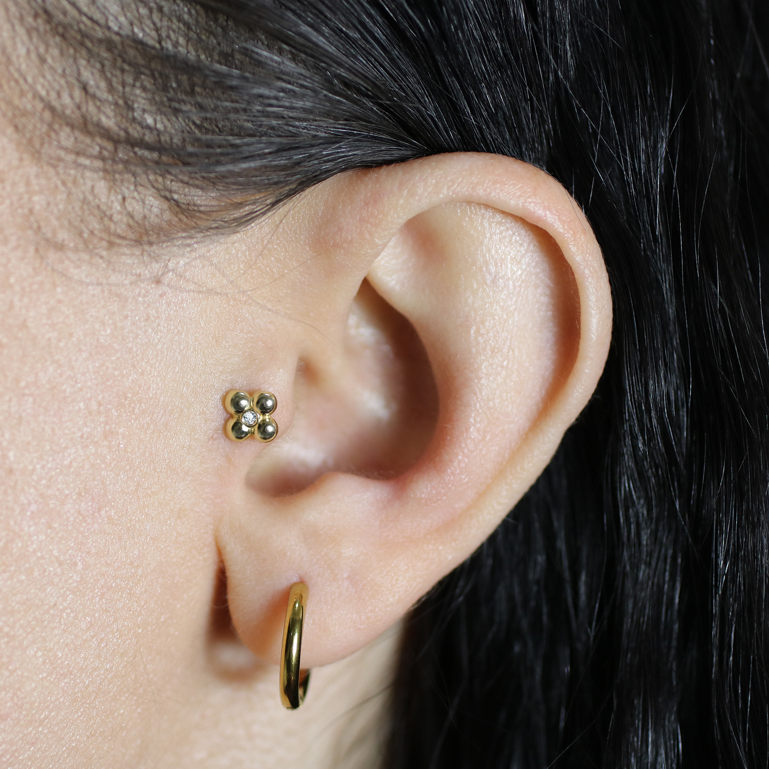 Flourish Flatback Ear Piercing 14K Gold with CZ Stone