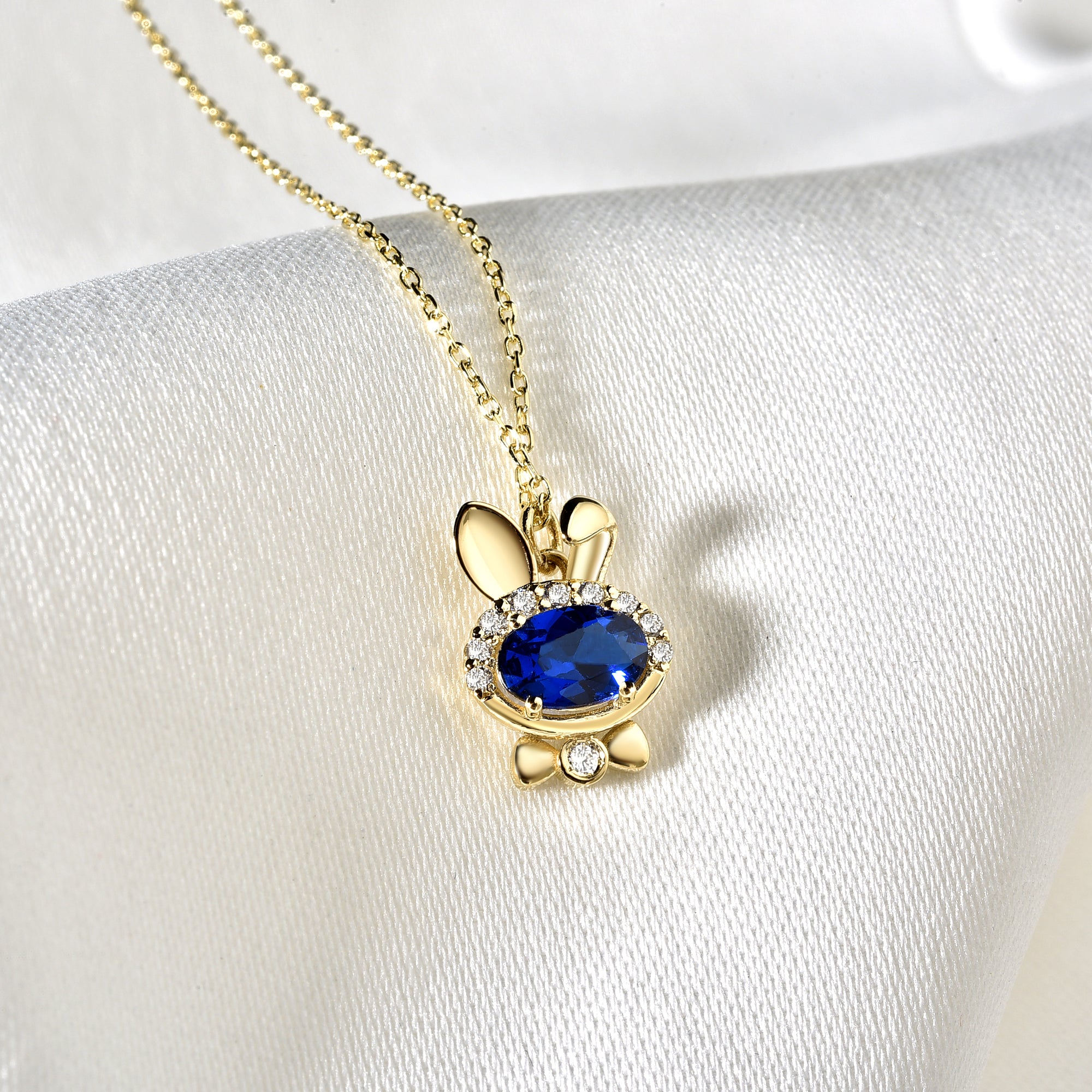 Blue Bow Tie Rabbit Necklace Diamond 14K Gold / Silver