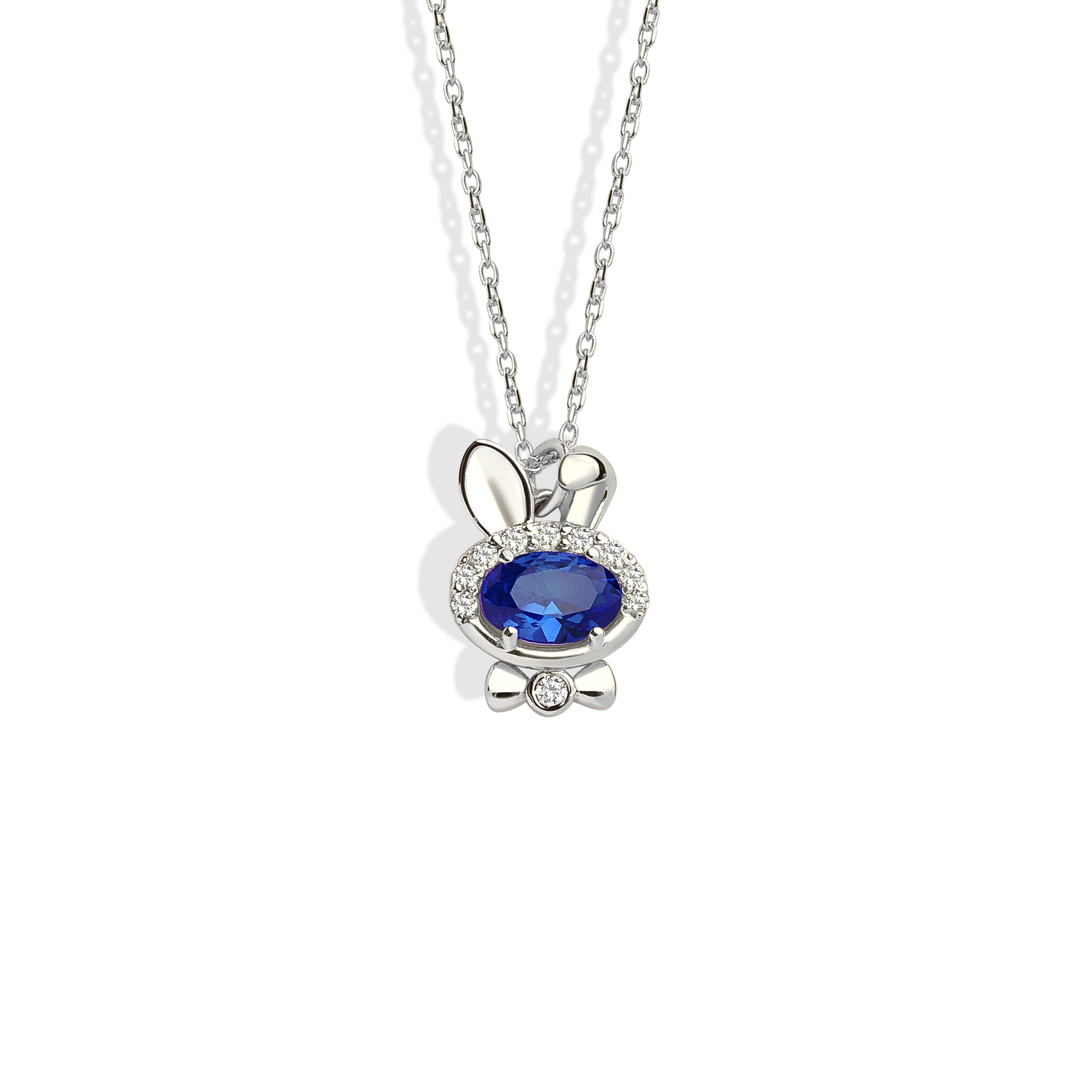 Blue Bow Tie Rabbit Necklace Diamond 14K Gold / Silver