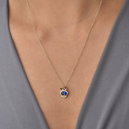 Minimalist rabbit necklace with blue pendant detail Blue Bow Tie Rabbit Necklace 14K Gold / Silver