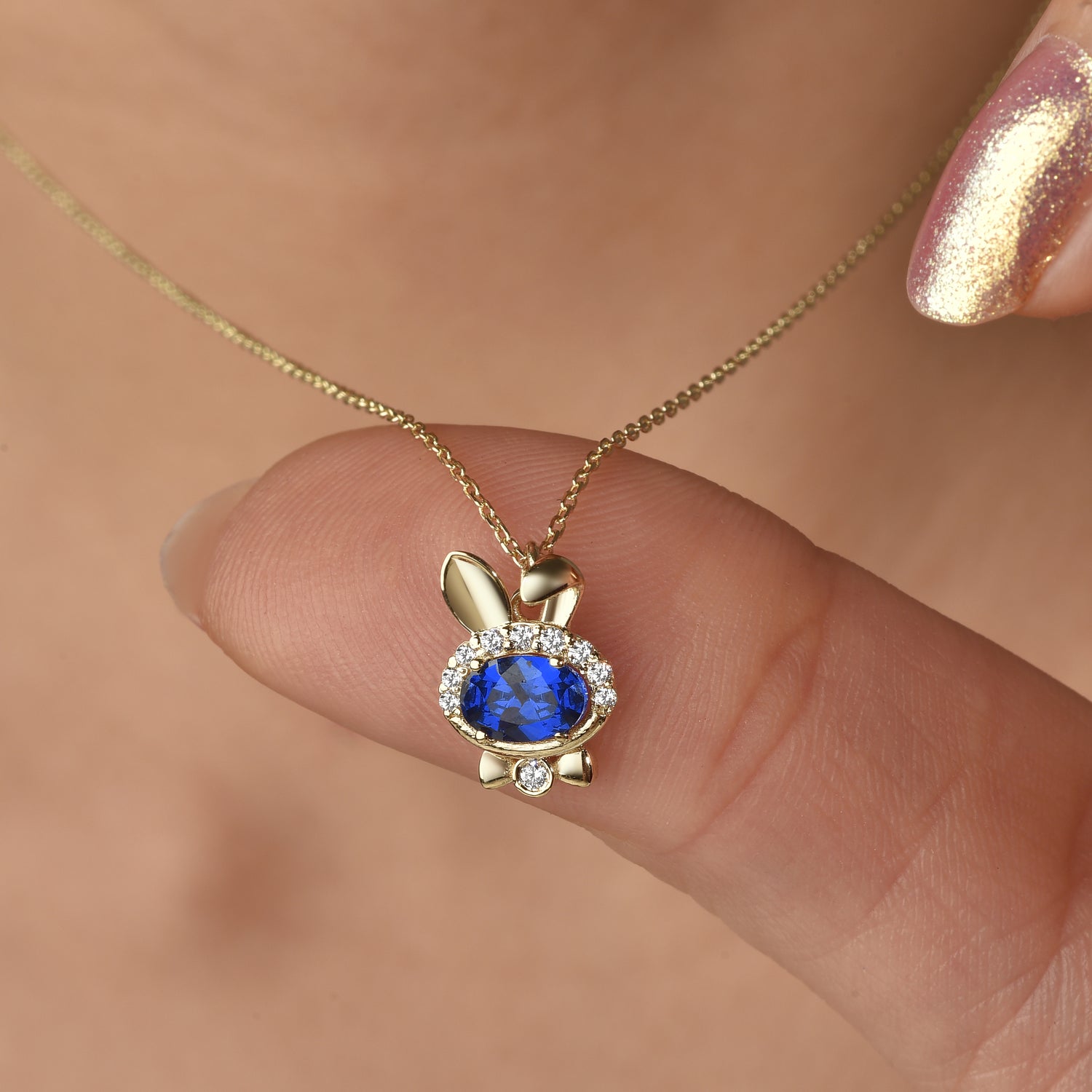 Blue Bow Tie Rabbit Necklace Diamond 14K Gold / Silver
