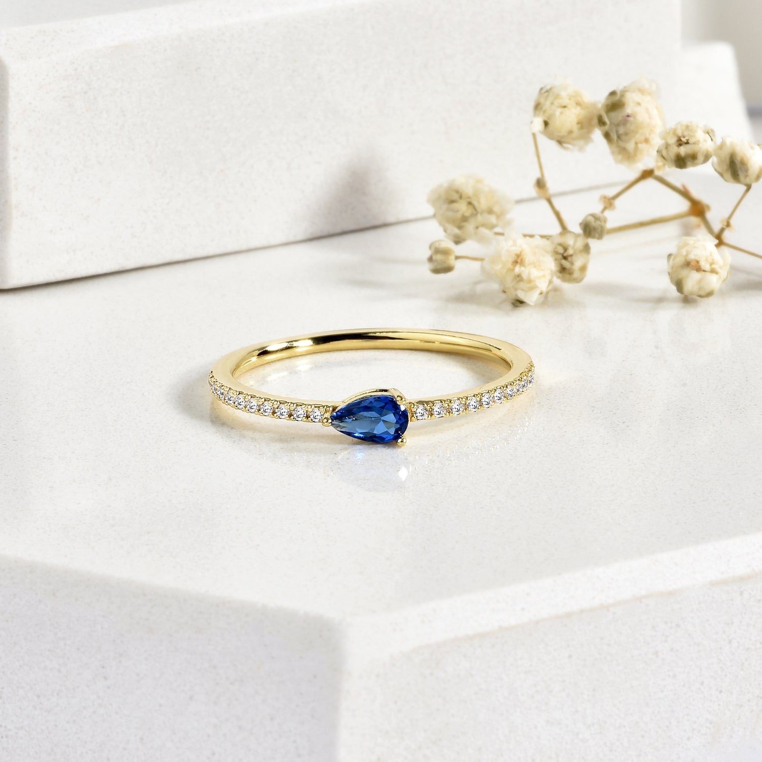 Blue Drop Single Row Diamond Ring 14K Gold
