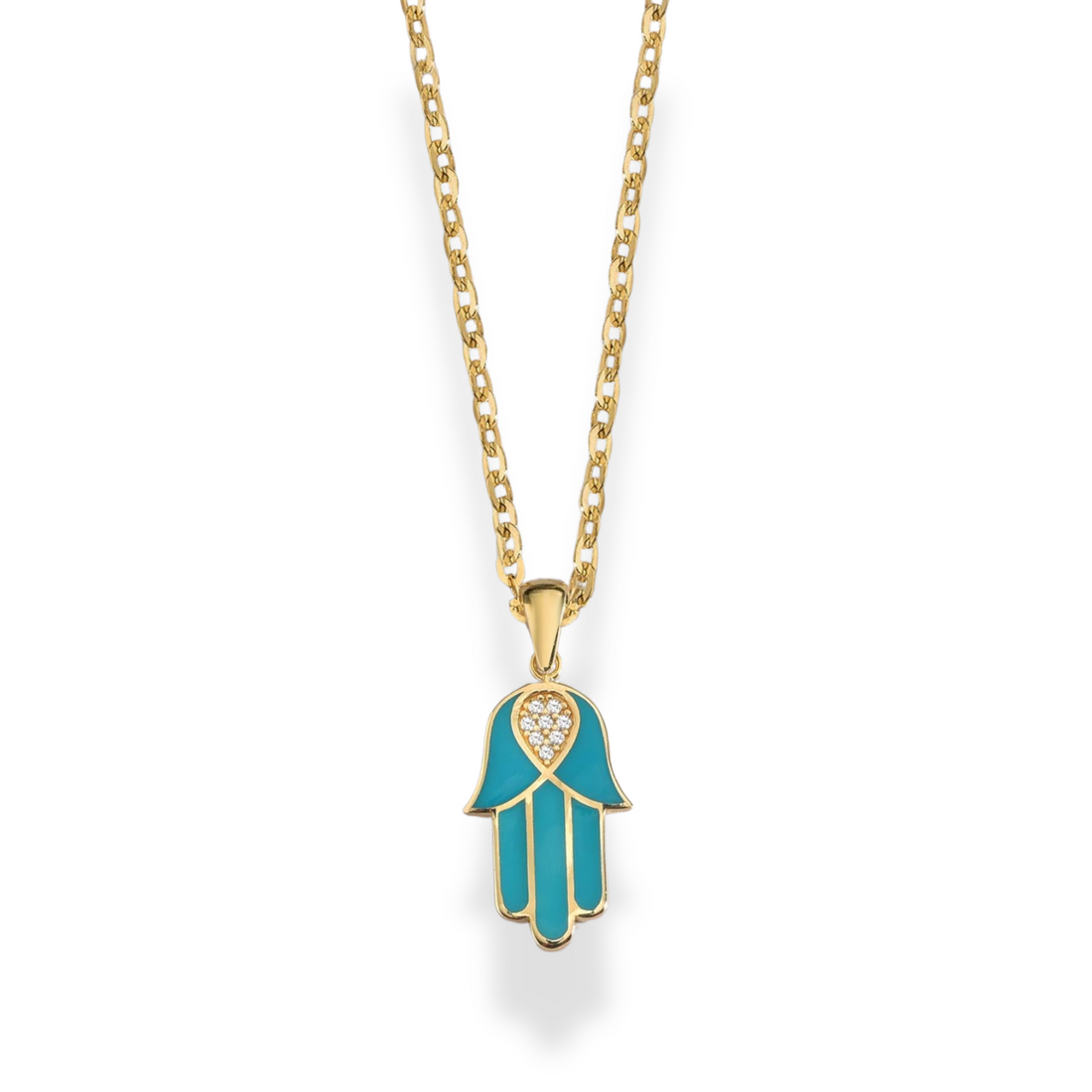 Blue Stone Hamsa Diamond Necklace 14K Gold