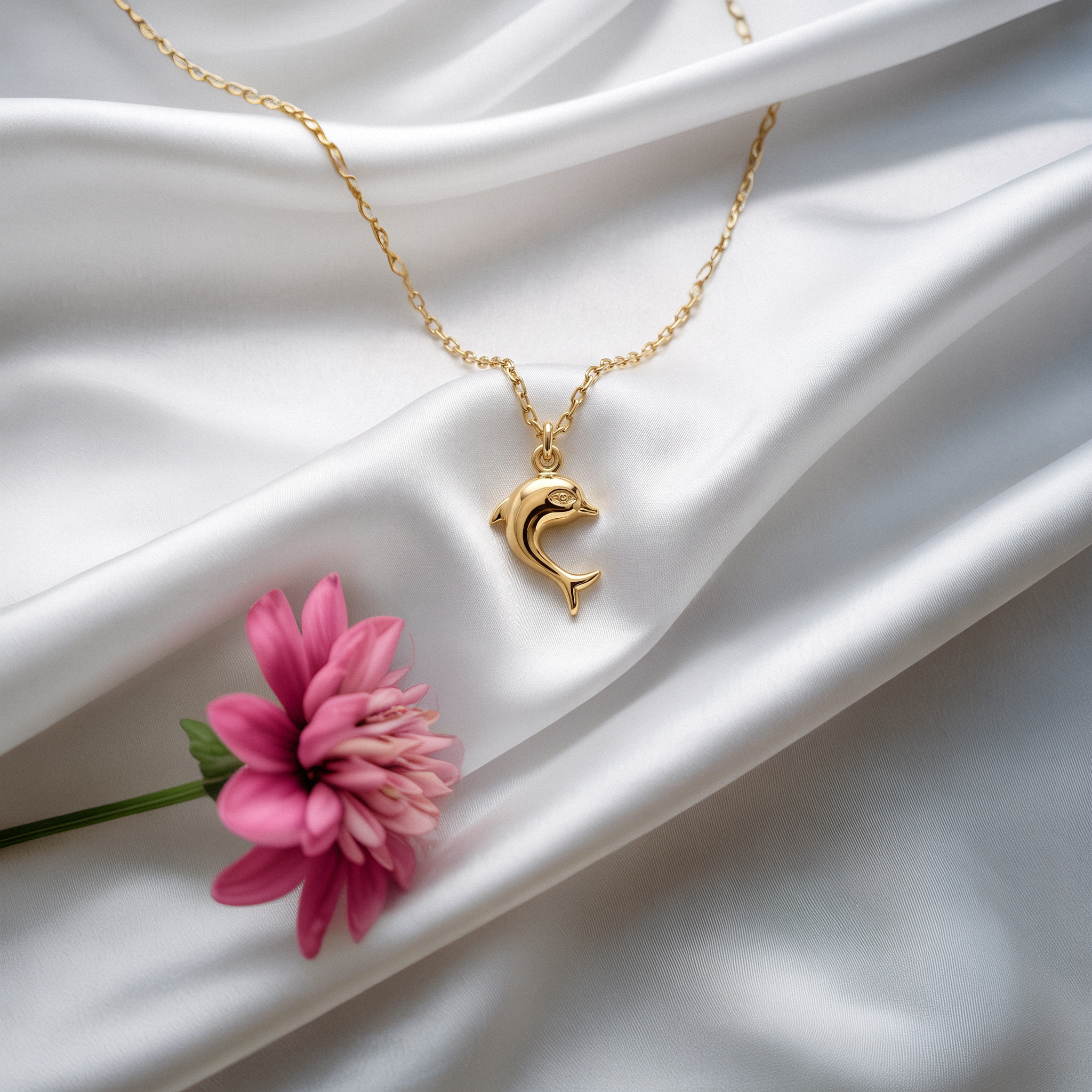 Dolphin necklace with a charming dolphin pendant, perfect for ocean lovers. Discover sea life jewelry in 14k gold or silver for everyday style and gifting.
