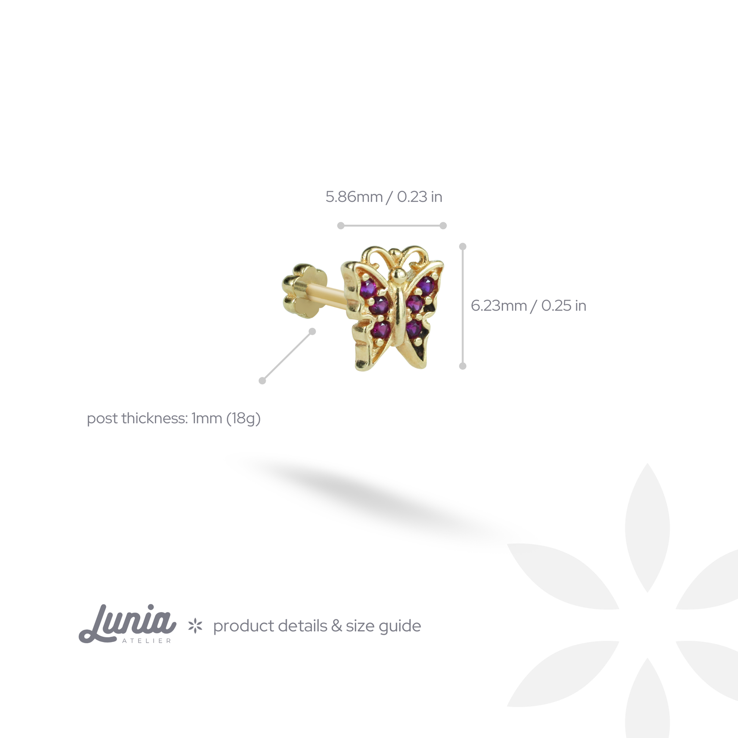 Butterfly Colored Flatback Ear Piercing 14K Gold with CZ Stone