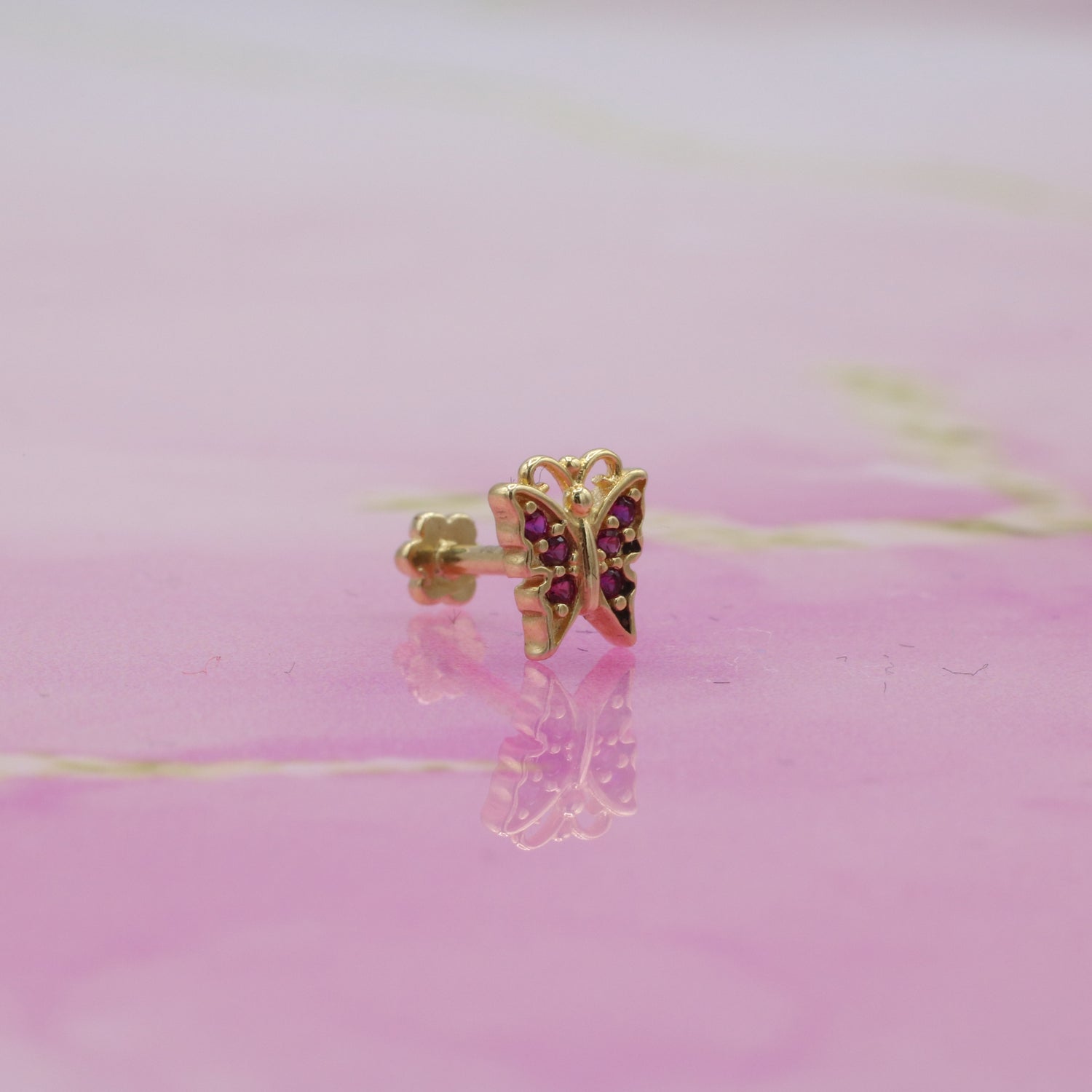 Butterfly Colored Flatback Ear Piercing 14K Gold with CZ Stone