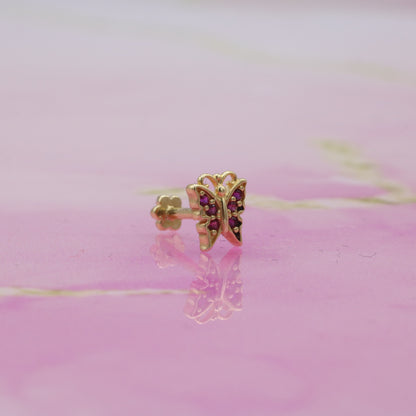Butterfly Colored Flatback Ear Piercing 14K Gold with CZ Stone