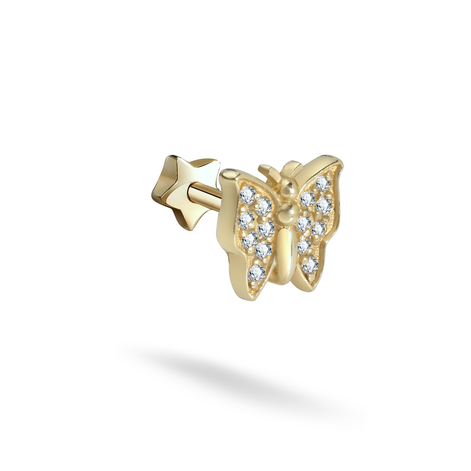 Butterfly Flatback Ear Piercing 14K Gold with CZ Stone