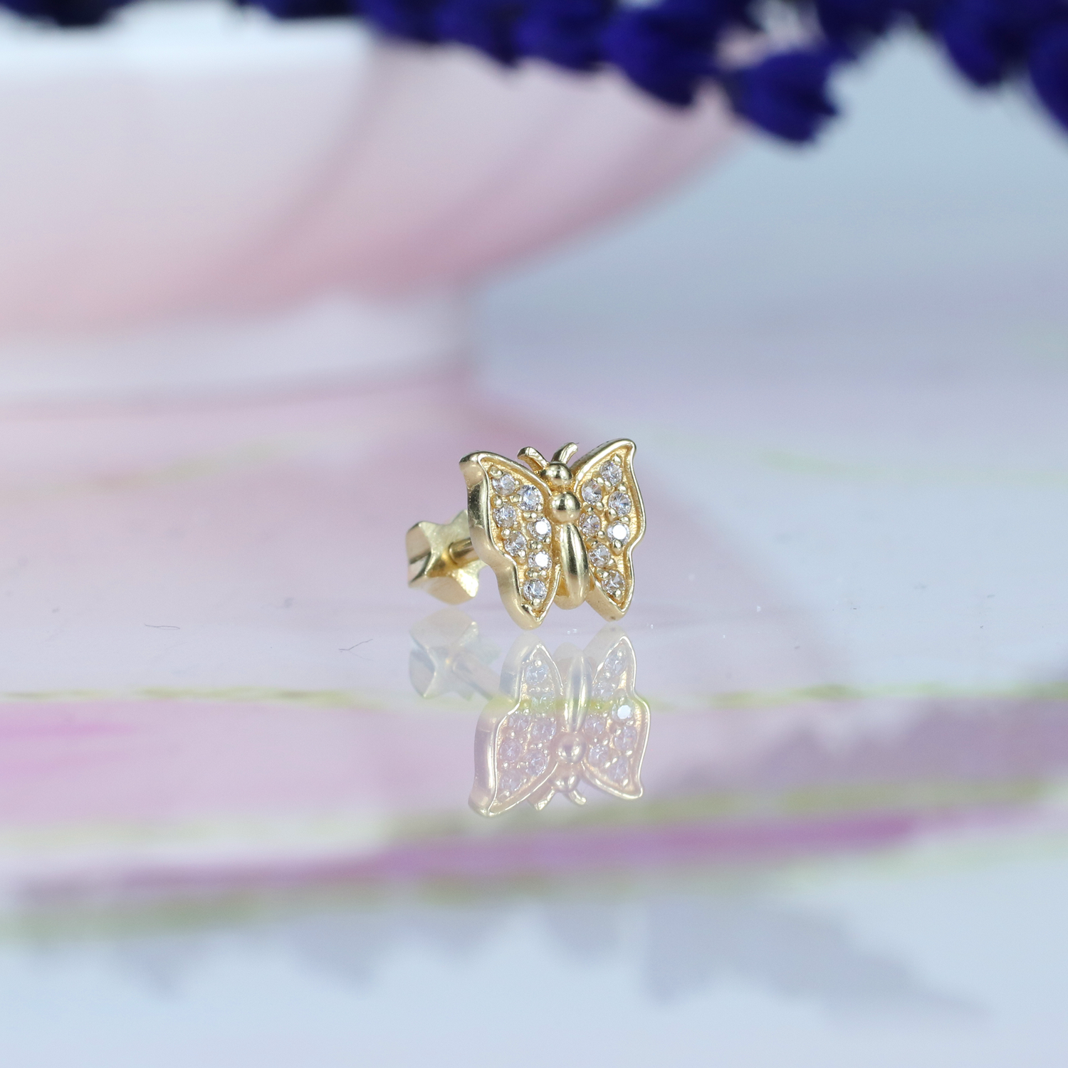 Butterfly Flatback Ear Piercing 14K Gold with CZ Stone