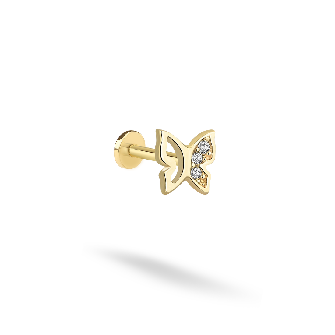 Butterfly Flatback Ear Piercing 14K Gold Diamond CZ Stone