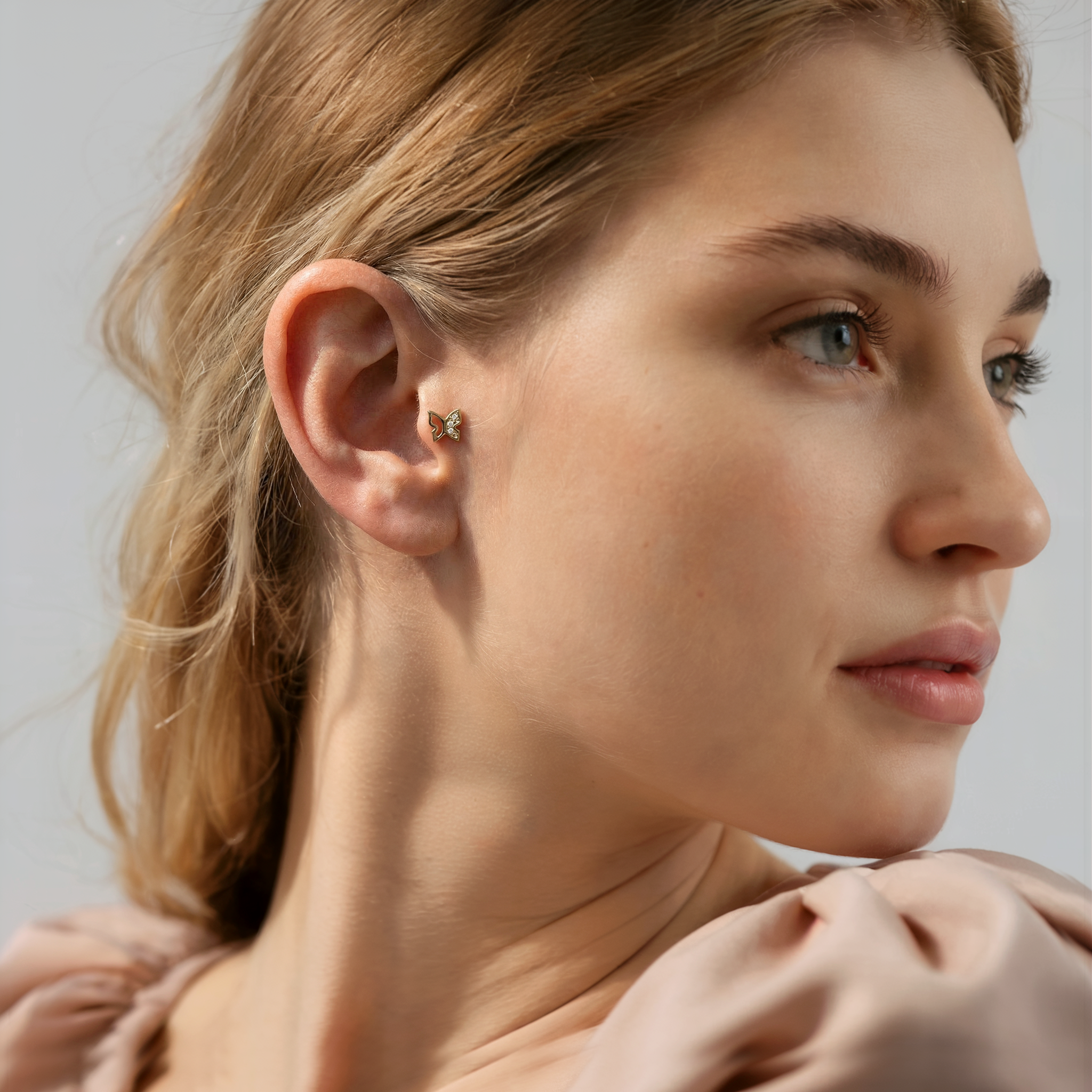 Butterfly Flatback Ear Piercing 14K Gold Diamond CZ Stone