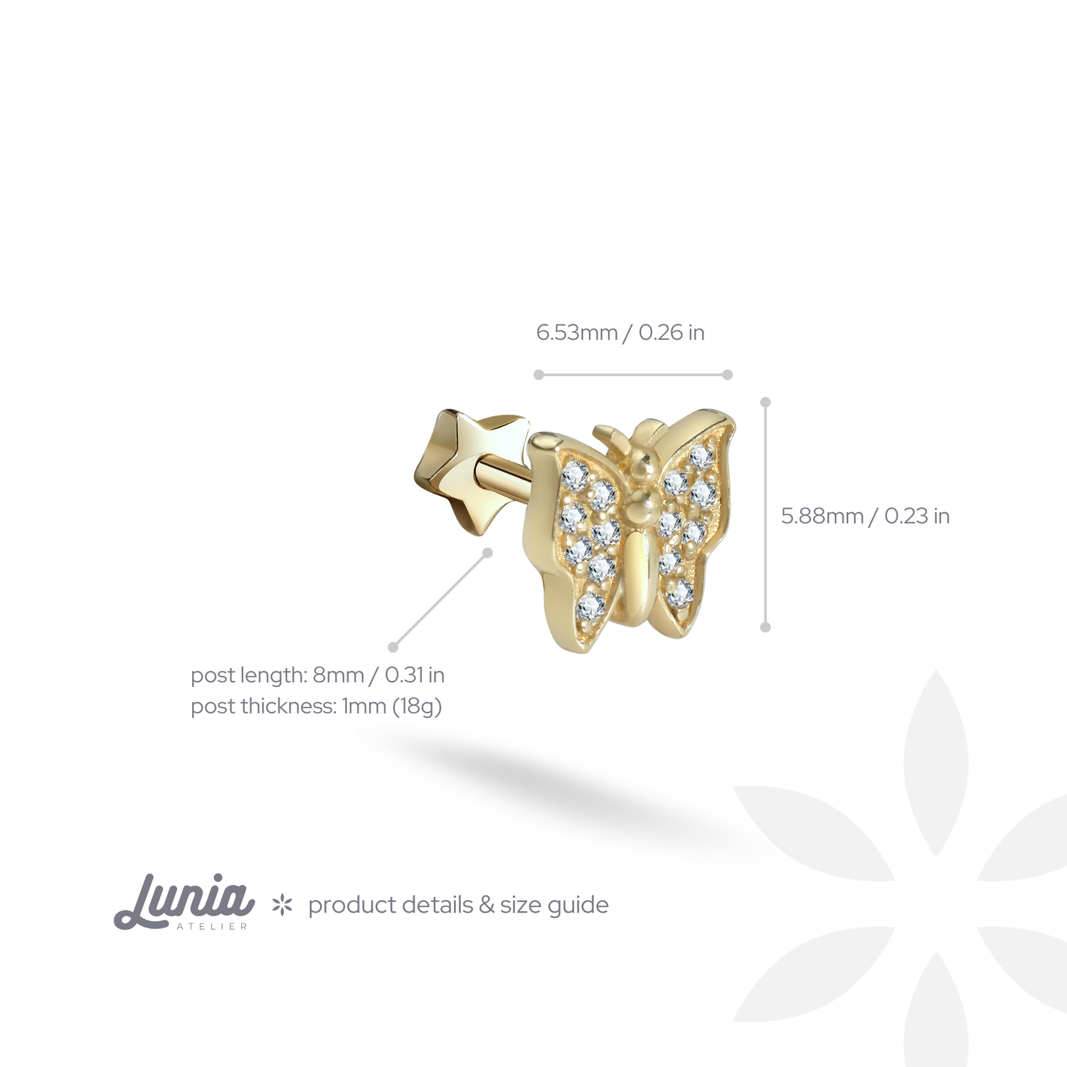 Butterfly Flatback Ear Piercing 14K Gold with CZ Stone