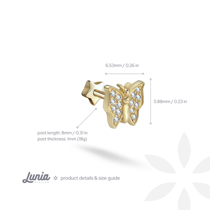 Butterfly Flatback Ear Piercing 14K Gold with CZ Stone