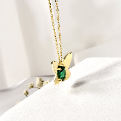 Butterfly Green Stone Necklace in 14K Gold