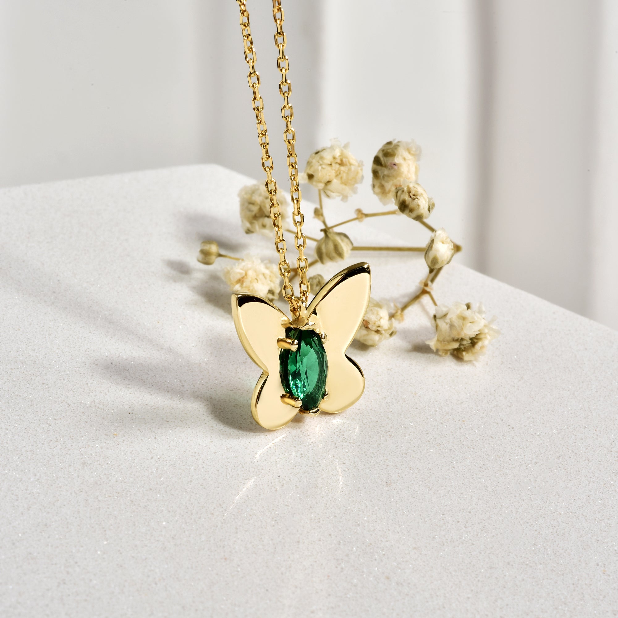 Butterfly Green Stone Necklace in 14K Gold