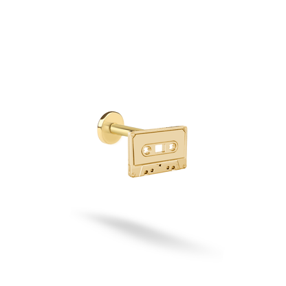 Cassette Tape Flatback Ear Piercing in 14K yellow gold, with two tiny reels and a polished rectangular frame.