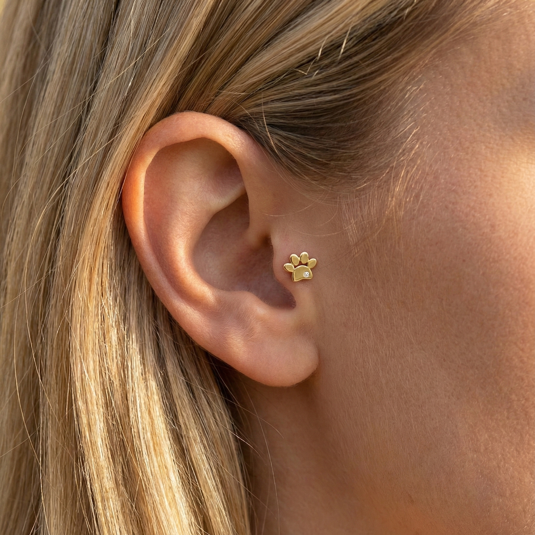 Paw Flatback Ear Piercing 14K Gold with CZ Stone
