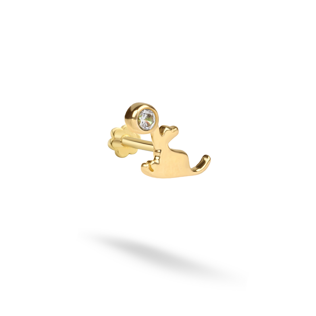 Cat Playing With Wall Flatback Ear Piercing 14K Gold with CZ Stone