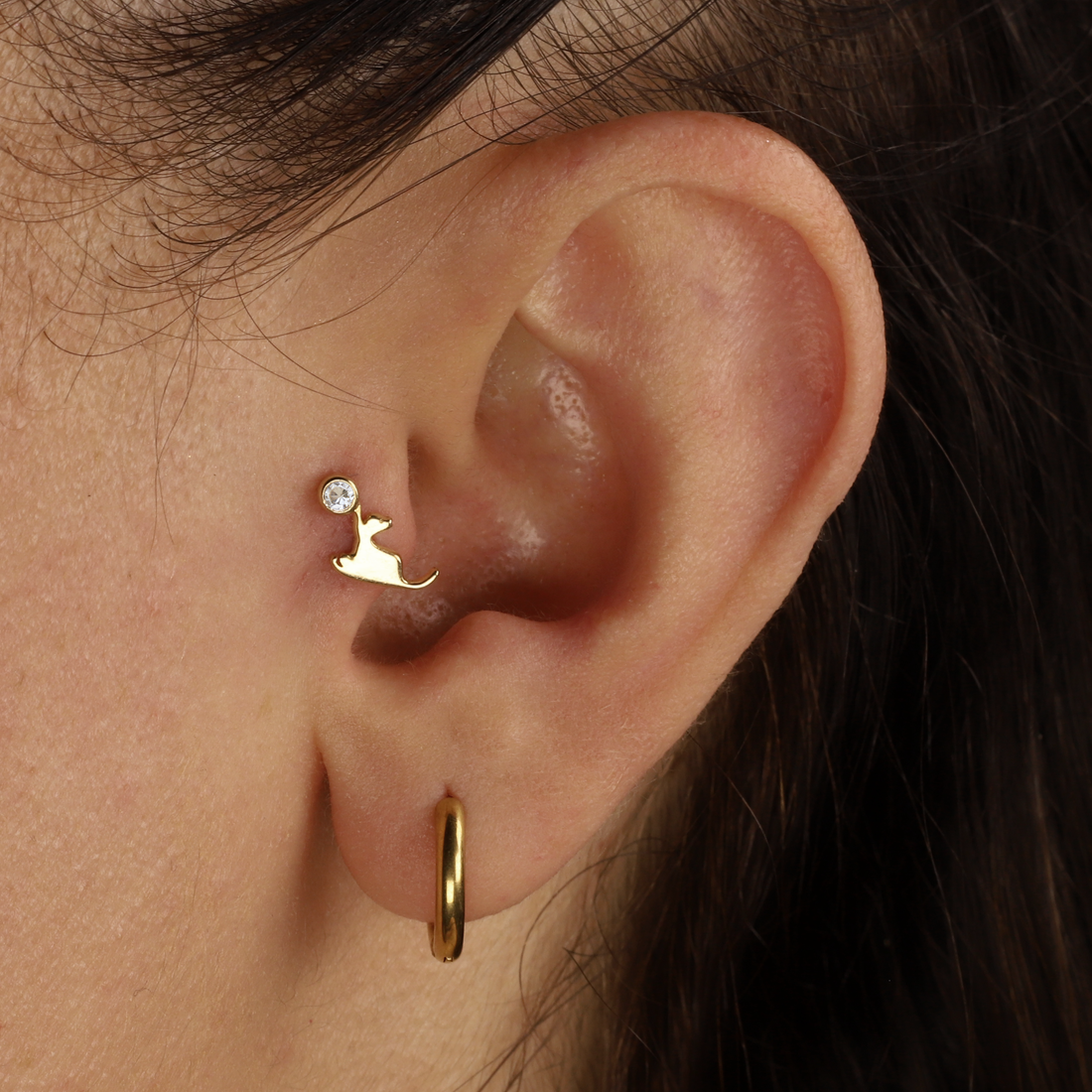 14K Gold Flatback Cat Wall Play Piercing with CZ Stone