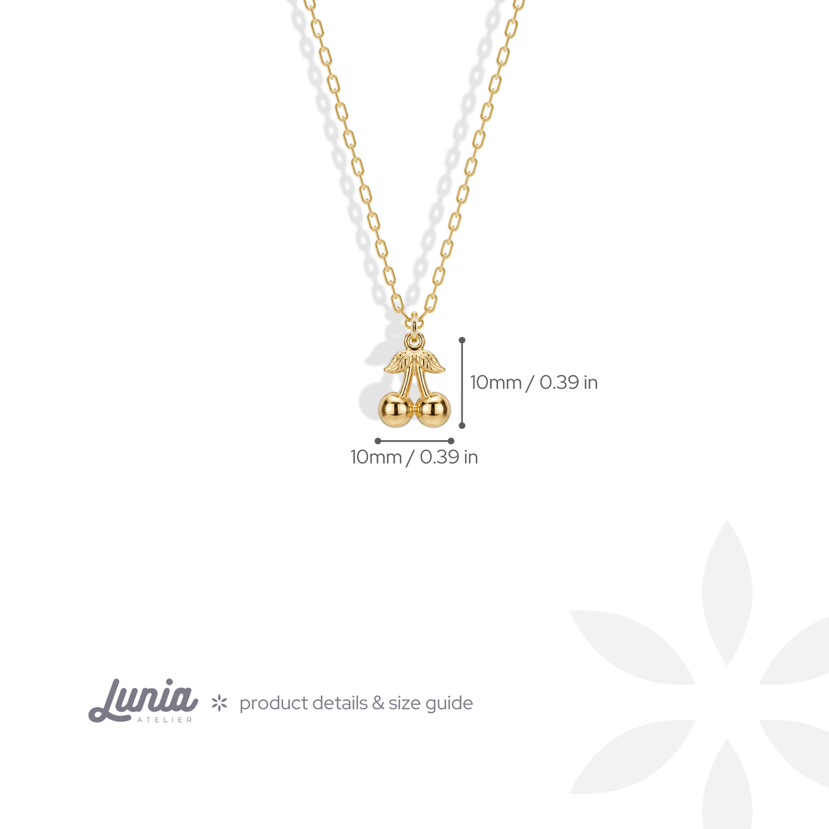 Cherry charm measures 10 mm wide by 10 mm tall, including the fruit and stem