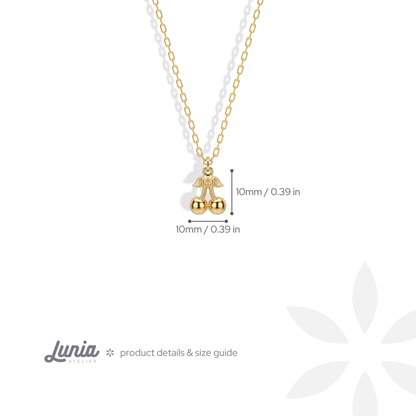 Cherry charm measures 10 mm wide by 10 mm tall, including the fruit and stem