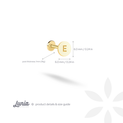 Circle Initial Custom Flatback Ear Piercing 14K Gold