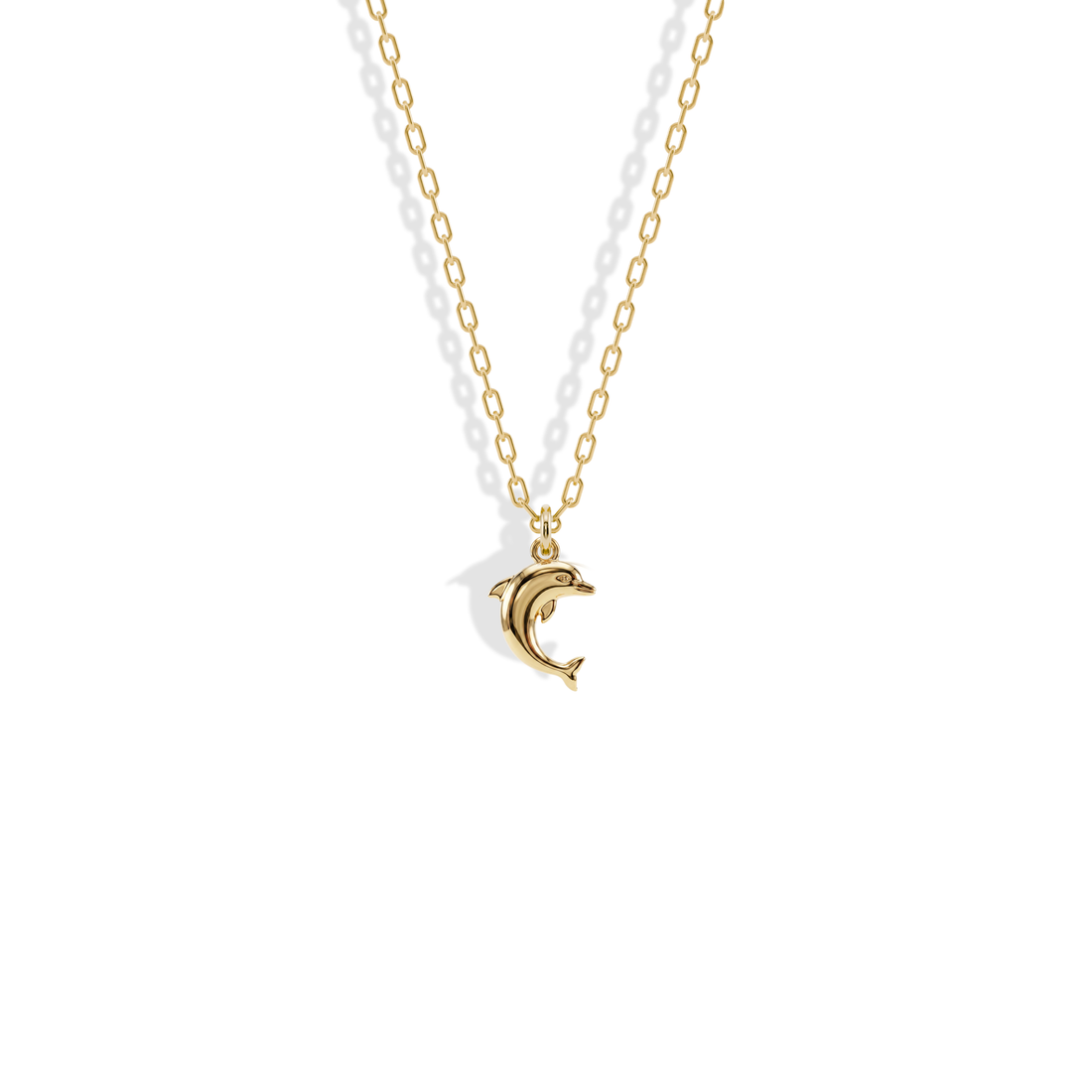 Classic Dolphin Pendant Necklace 14K Gold in yellow gold, the dolphin curved mid-leap on a fine chain