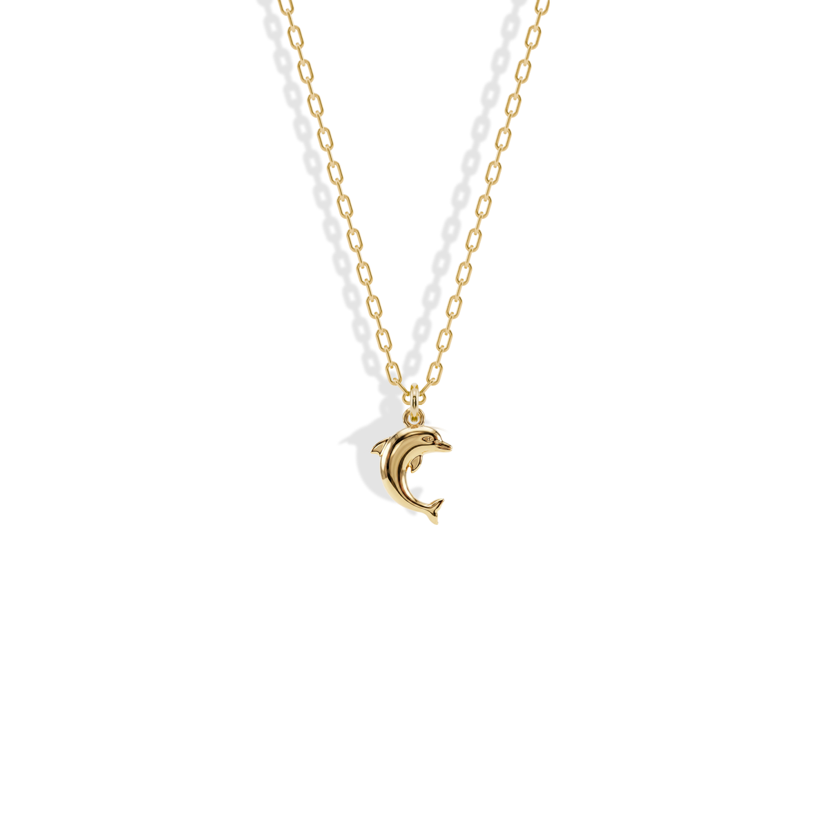 Classic Dolphin Pendant Necklace 14K Gold in yellow gold, the dolphin curved mid-leap on a fine chain
