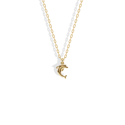 Classic Dolphin Pendant Necklace 14K Gold in yellow gold, the dolphin curved mid-leap on a fine chain