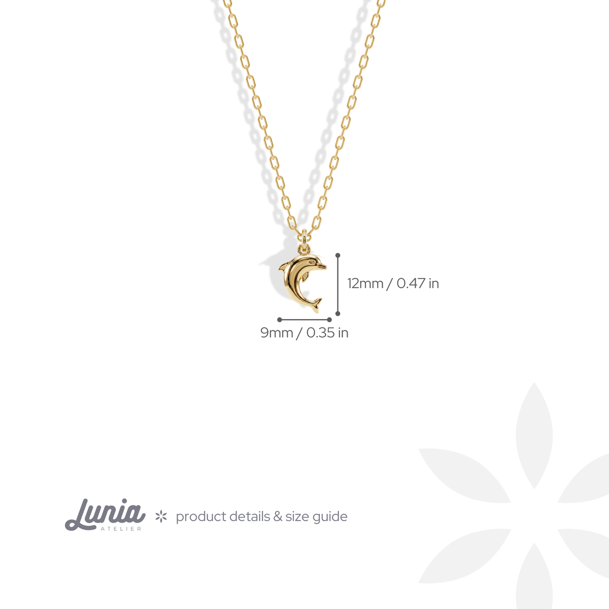 Dolphin charm measures 12 mm tall and 9 mm across at the fin