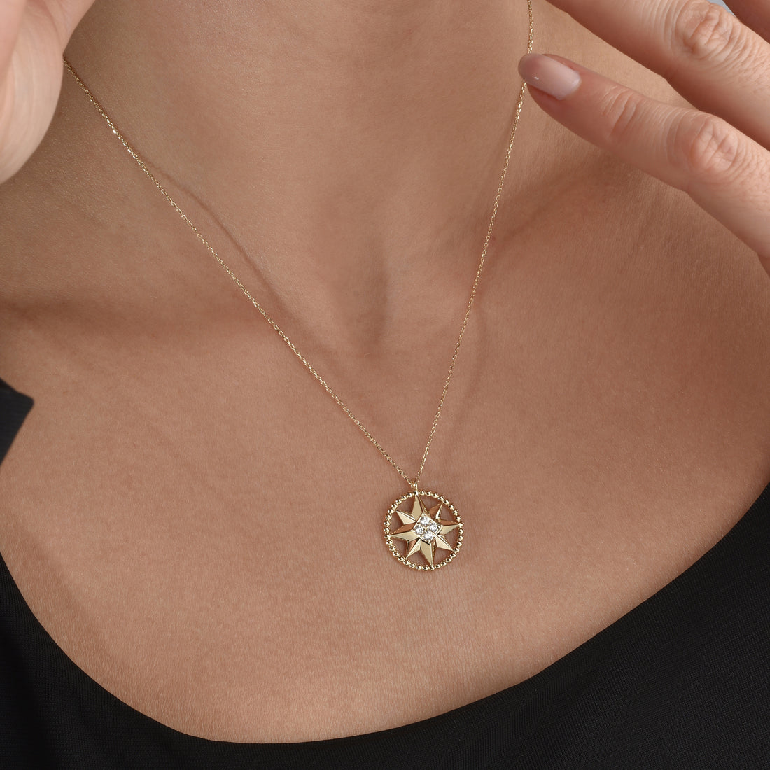 Compass North Star Necklace 14K Gold / Silver Star Signet celestial inspired necklace close view