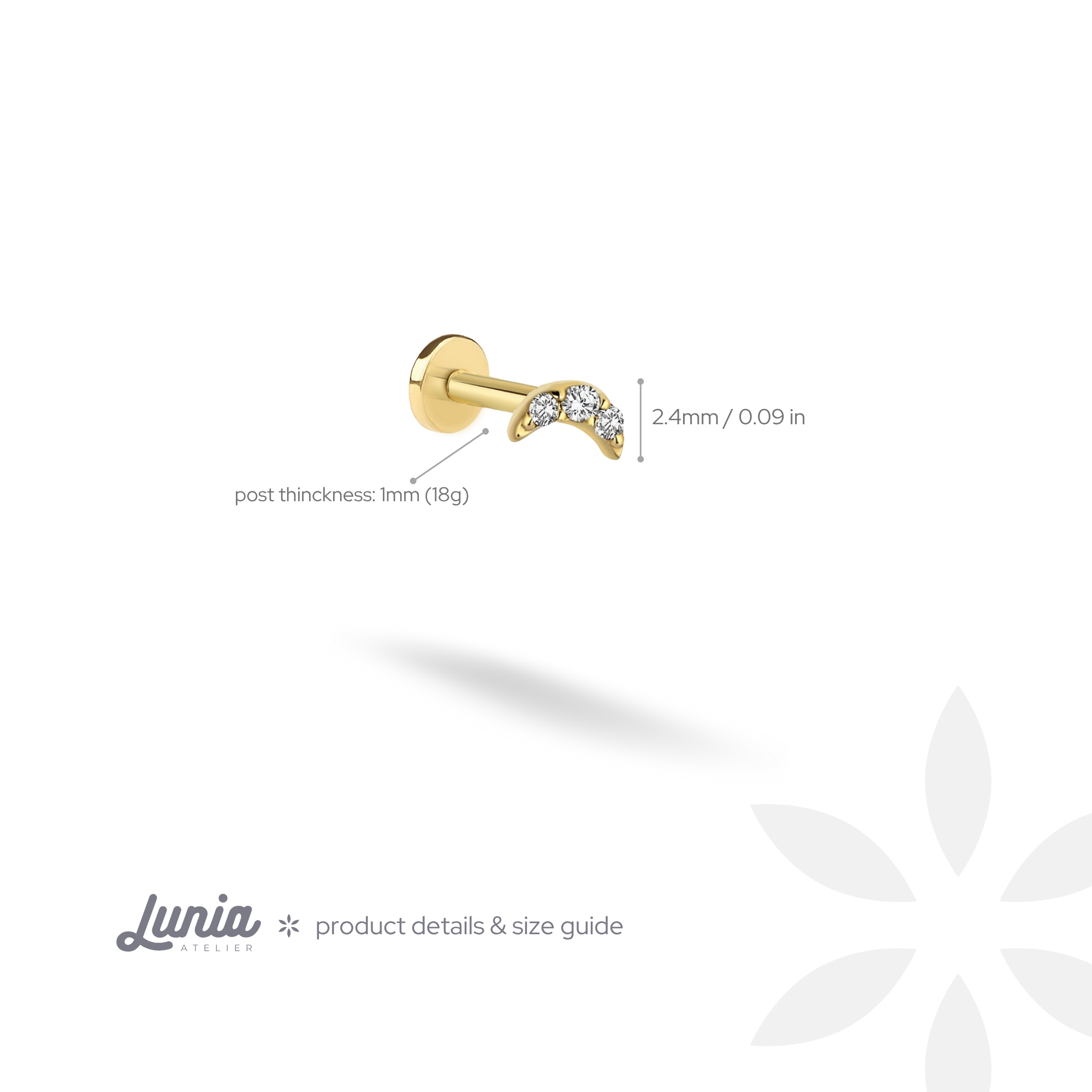 Crescent Moon Diamond Flatback Ear Piercing 14K Gold with CZ Stone