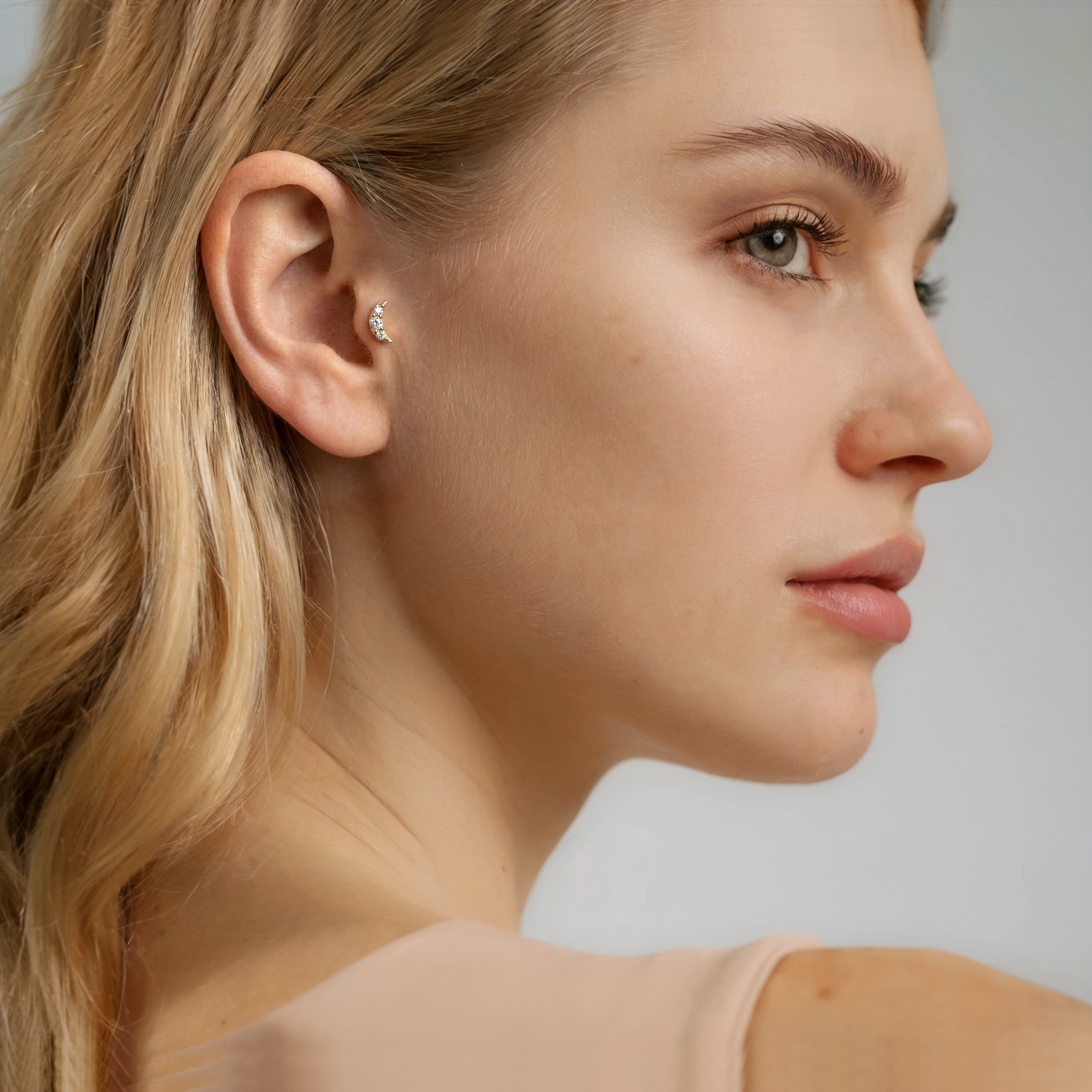 Crescent Moon Diamond Flatback Ear Piercing 14K Gold with CZ Stone