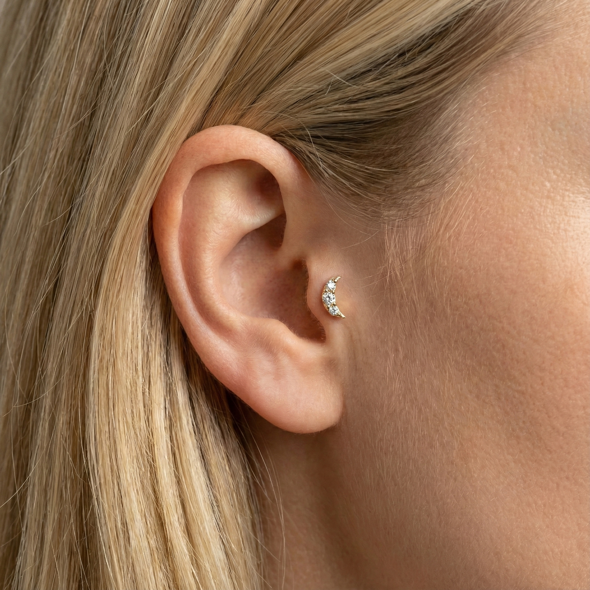 Crescent Moon Diamond Flatback Ear Piercing 14K Gold with CZ Stone