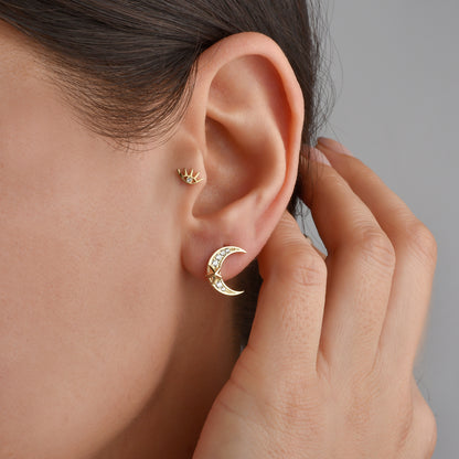 Crescent Moon Star Stud Diamond 14K Gold Earrings / Silver