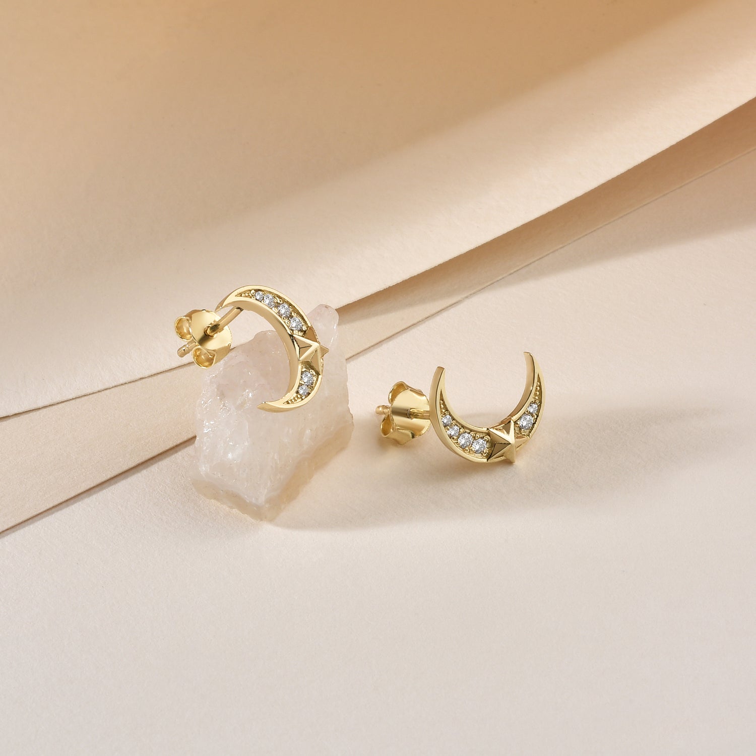 Crescent Moon Star Stud Diamond 14K Gold Earrings / Silver