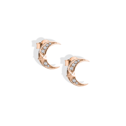 Crescent Moon Star Stud Diamond 14K Gold Earrings / Silver