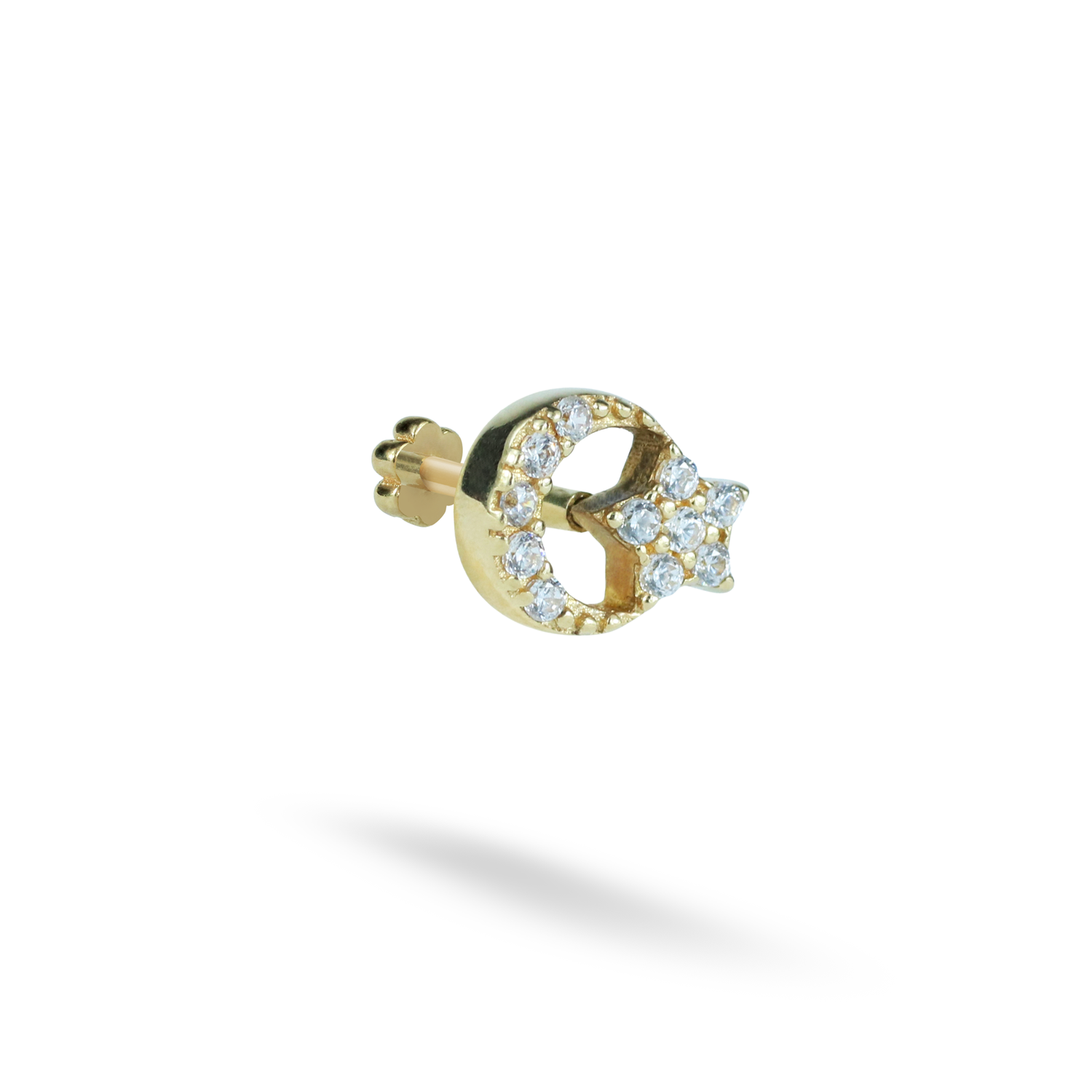 Crescent Star Flatback Ear Piercing 14K Gold with CZ Stone