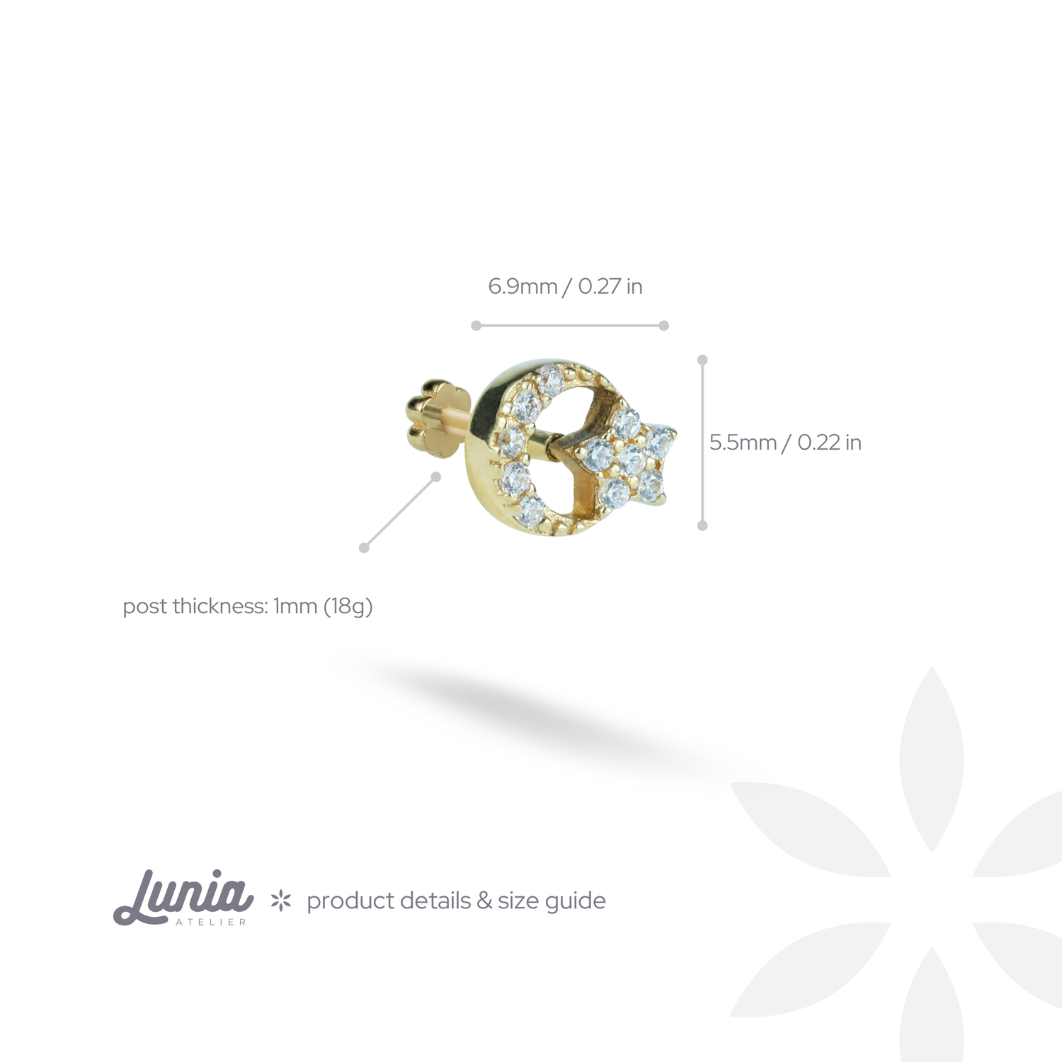 Crescent Star Flatback Ear Piercing 14K Gold with CZ Stone