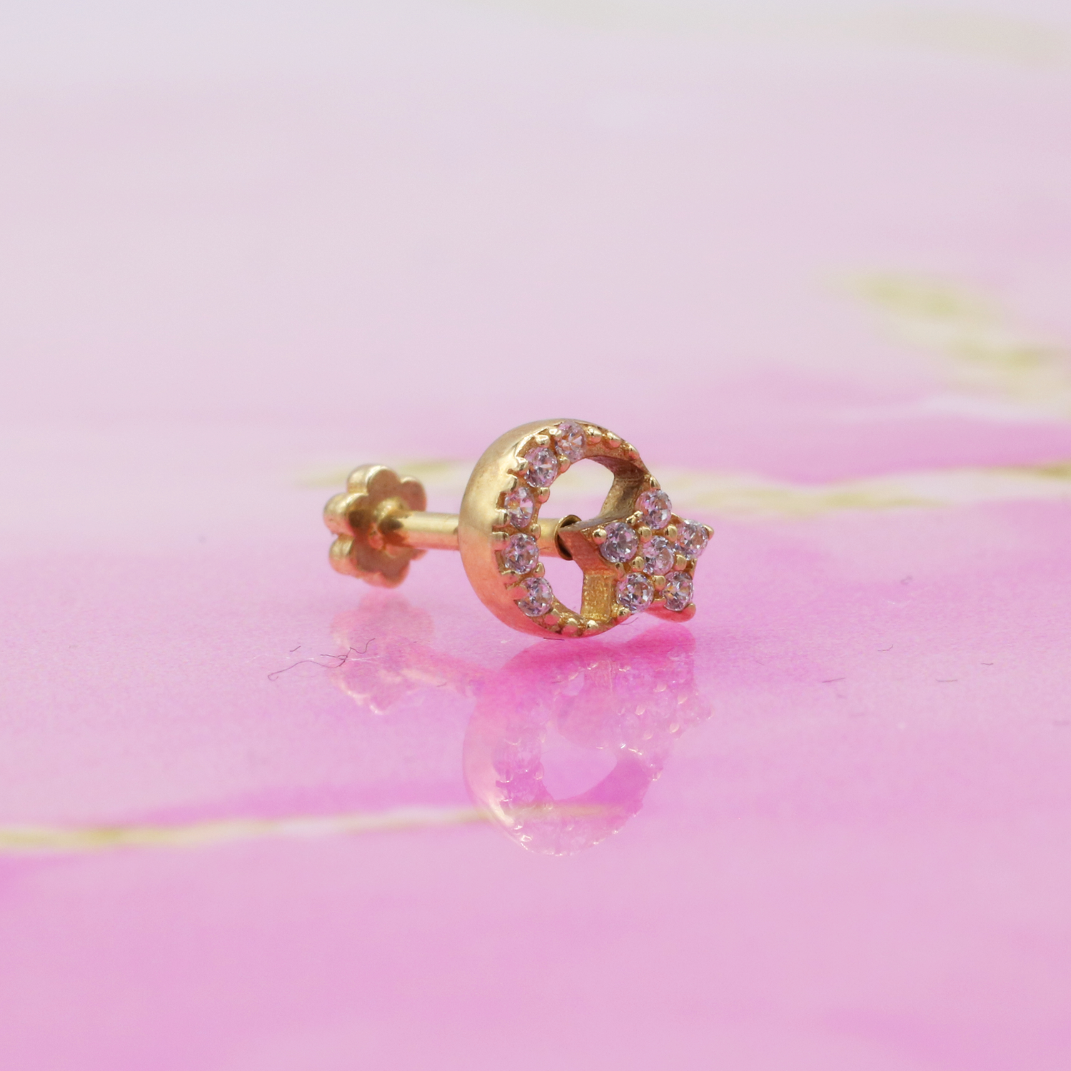 Crescent Star Flatback Ear Piercing 14K Gold with CZ Stone