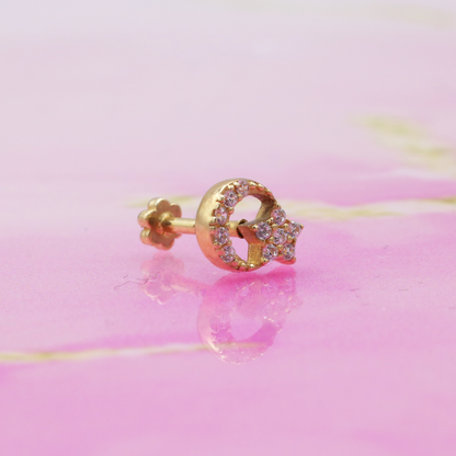 Crescent Star Flatback Ear Piercing 14K Gold with CZ Stone