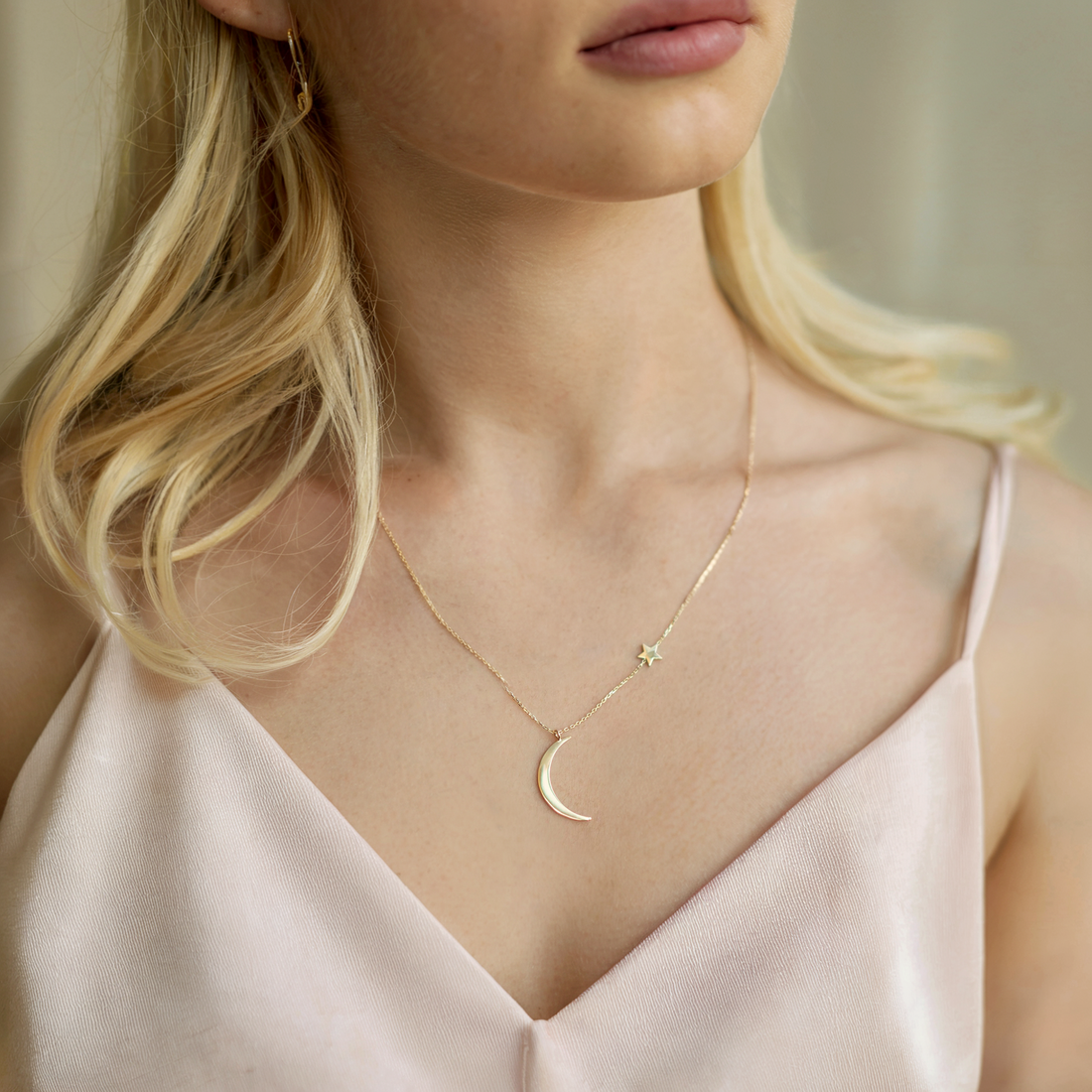 Crescent Star Necklace 14K Gold