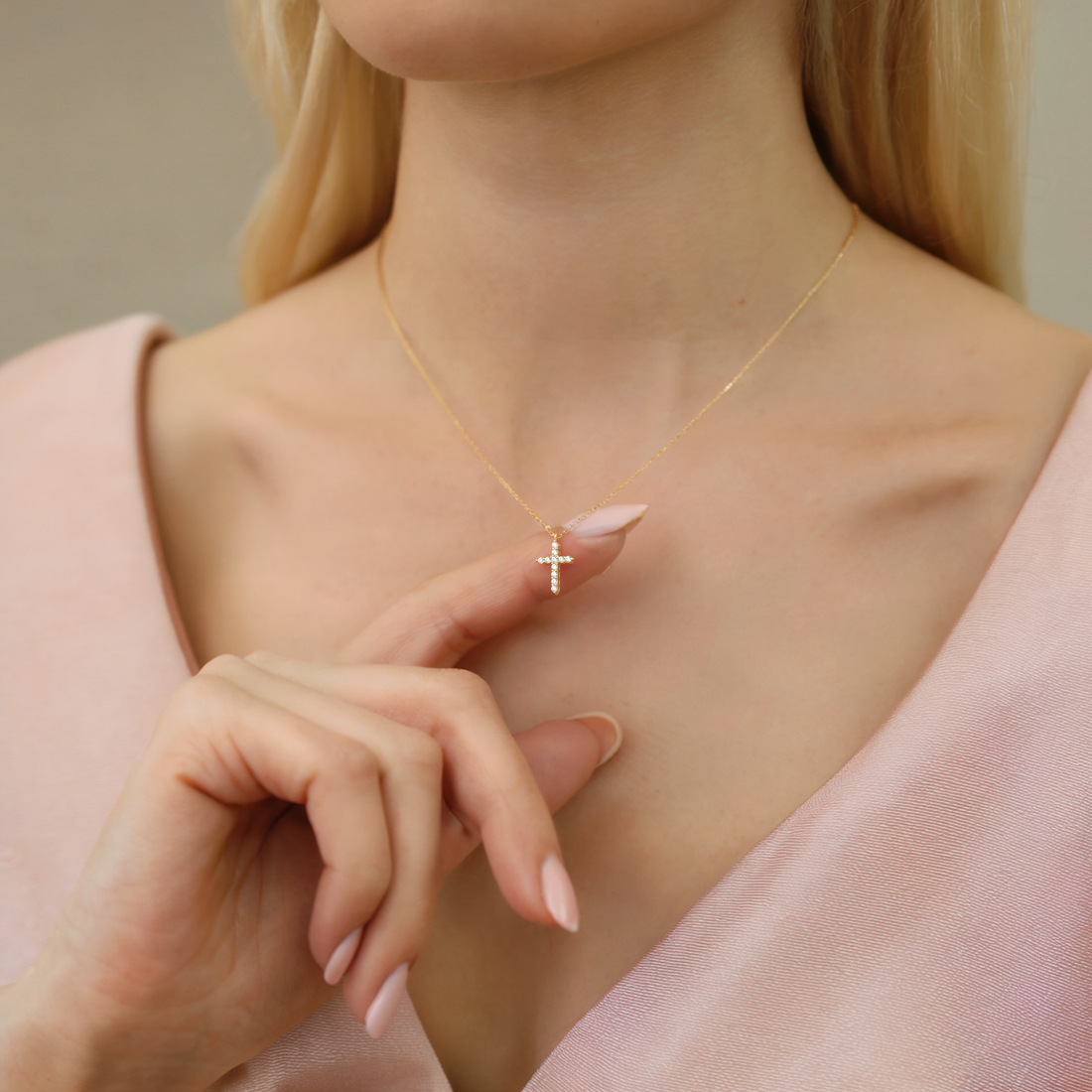 Cross Diamond Stone Necklace 14K Gold