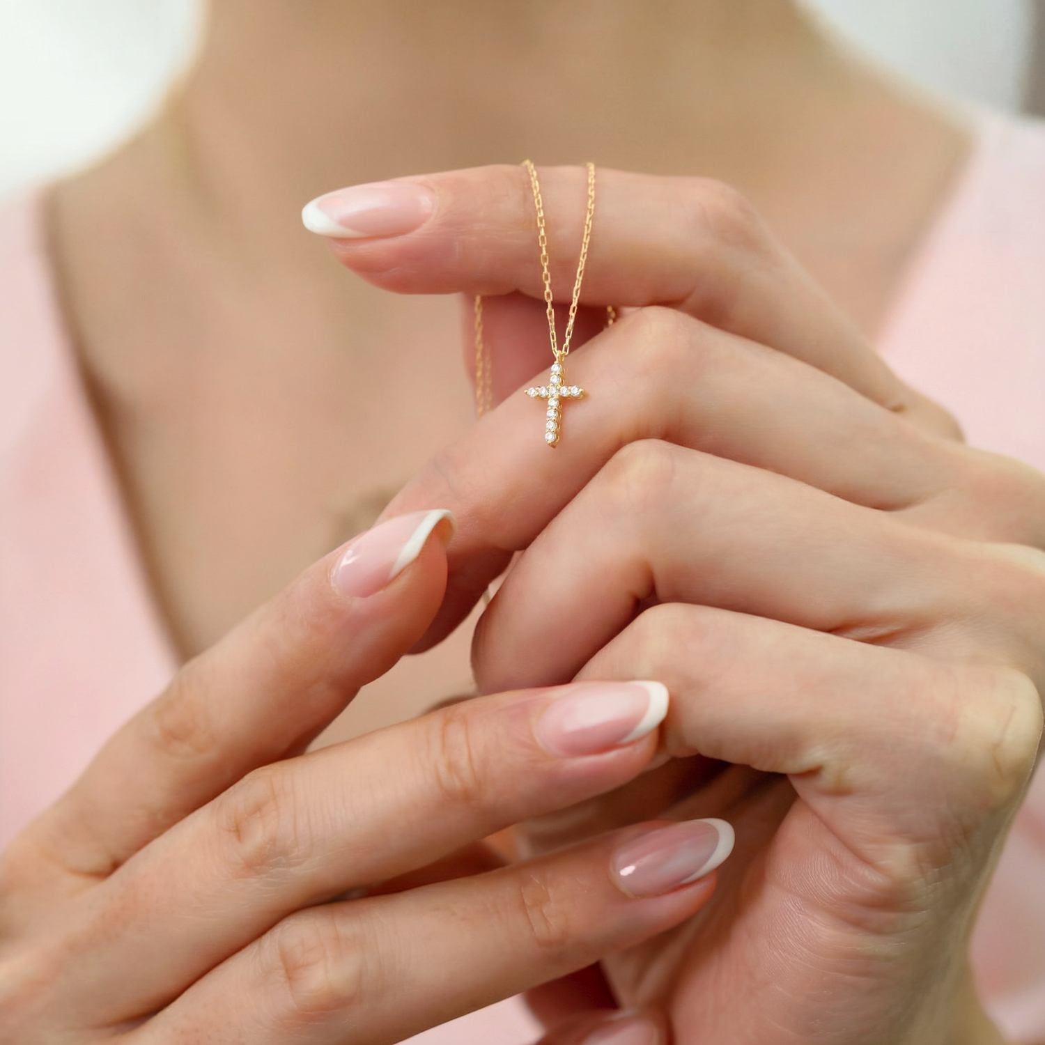 Cross Diamond Stone Necklace 14K Gold
