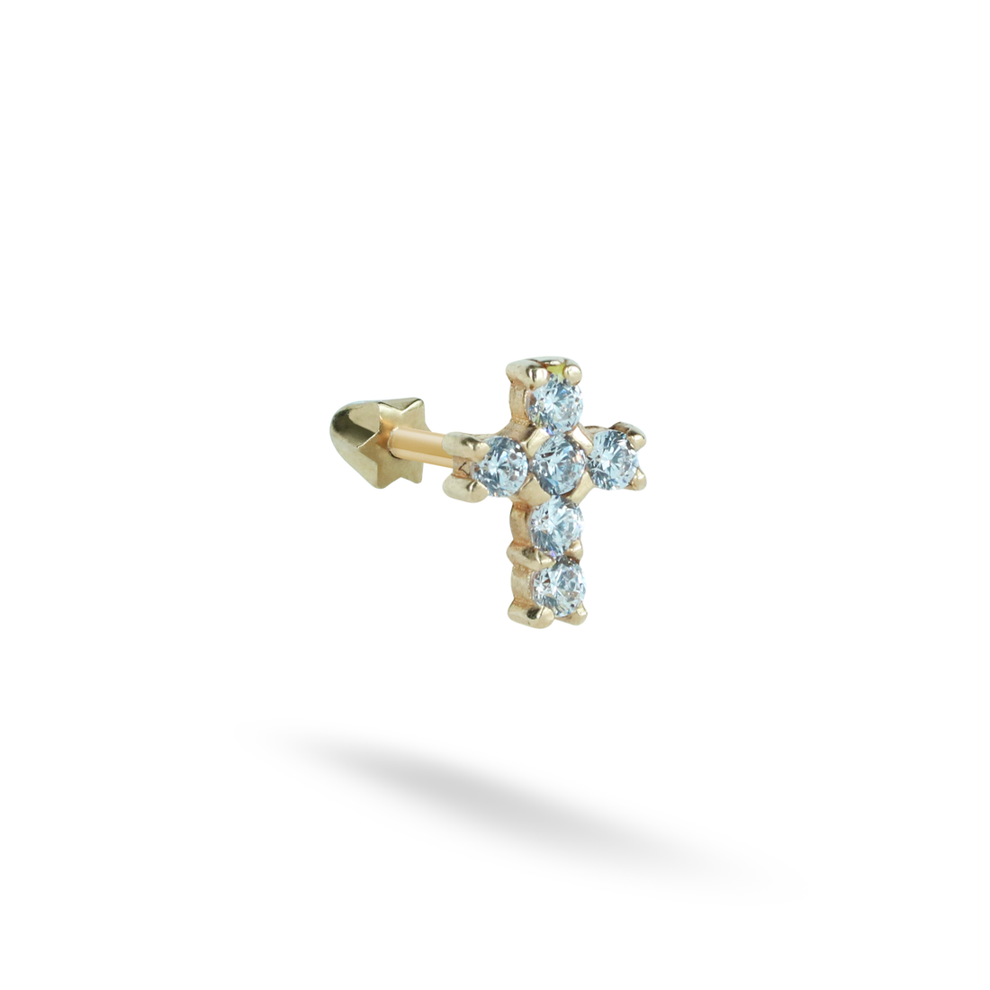 Cross Flatback Ear Piercing 14K Gold with CZ Stone