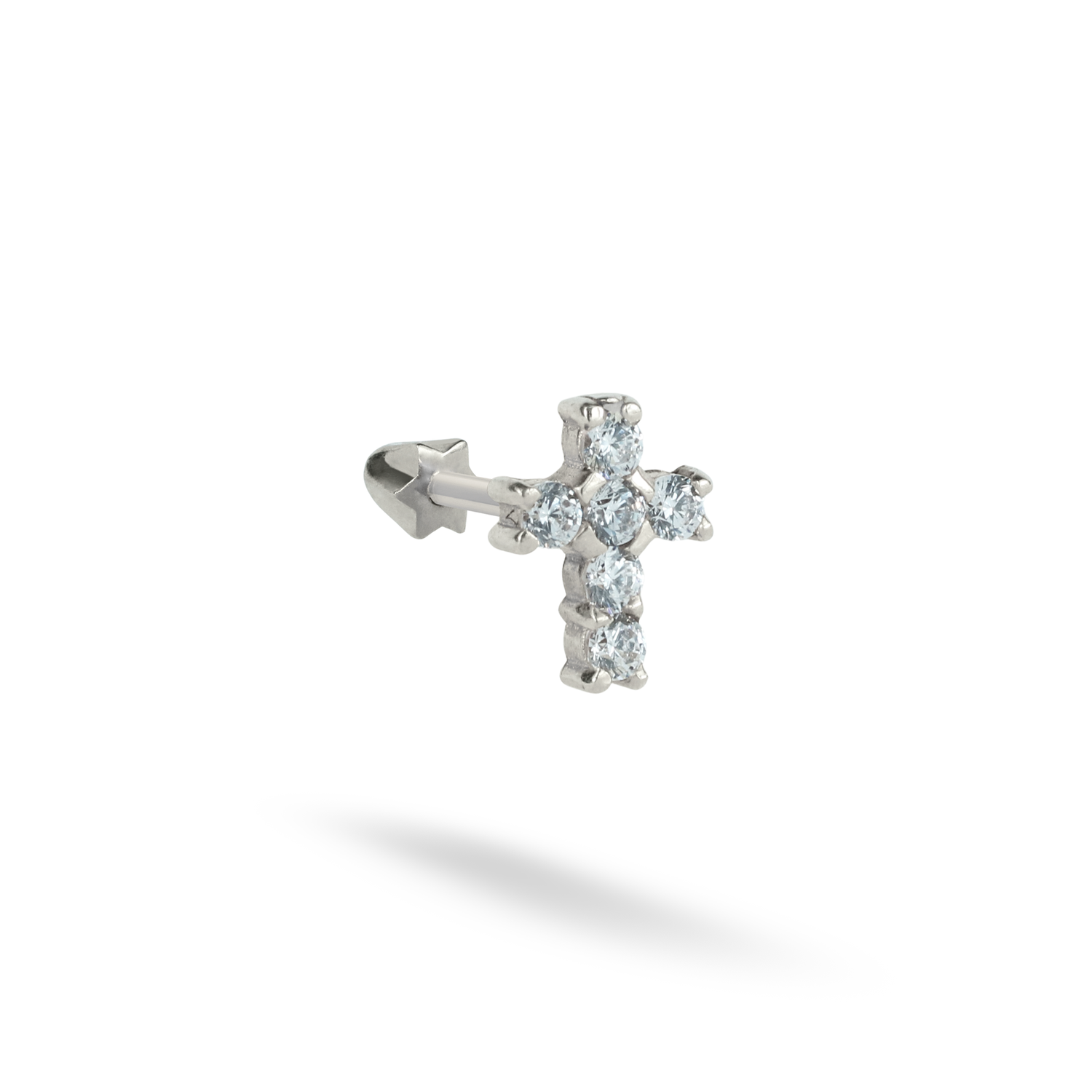 Cross Flatback Ear Piercing 14K Gold with CZ Stone