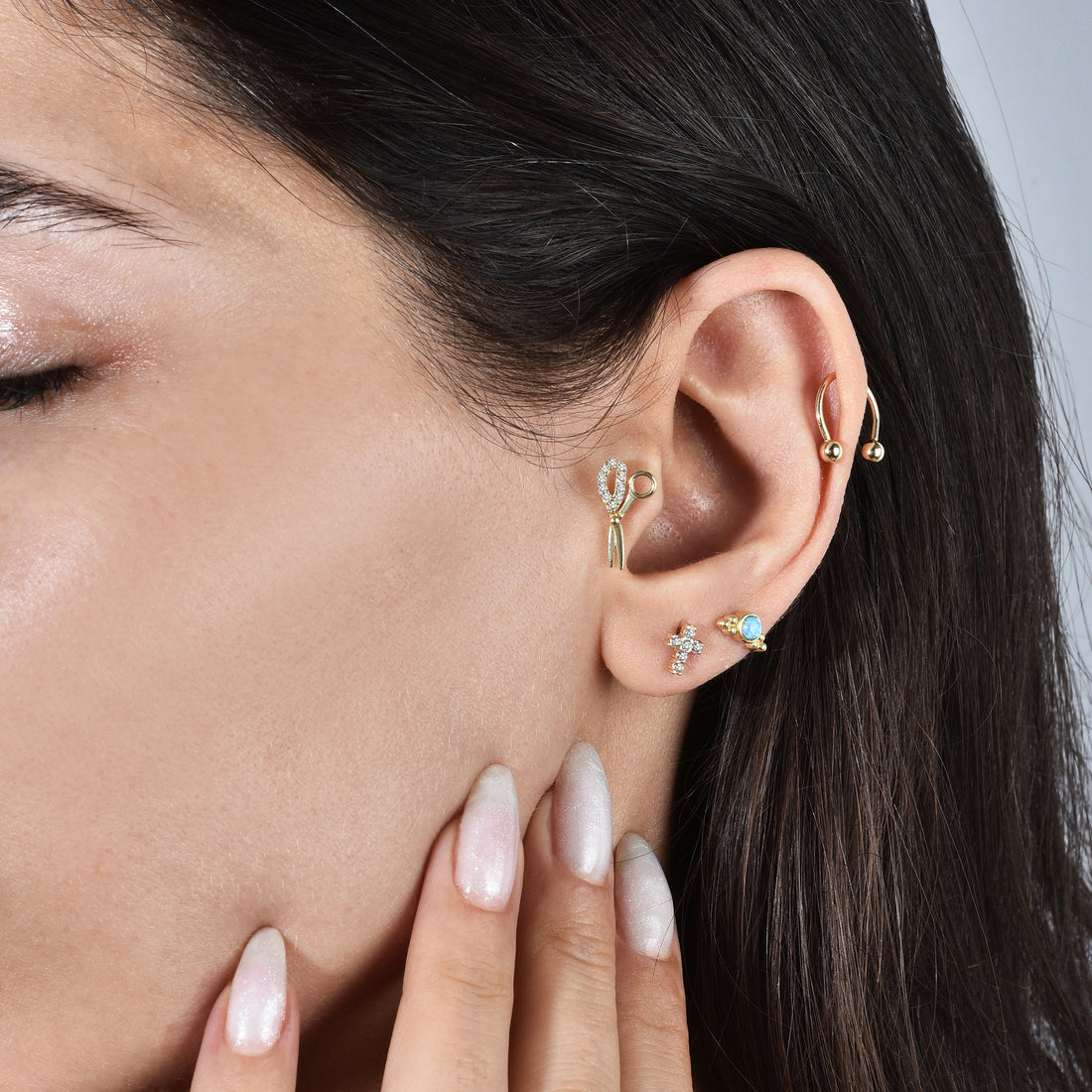 14K Gold Cross-Shaped Flatback Ear Piercing with CZ Stones