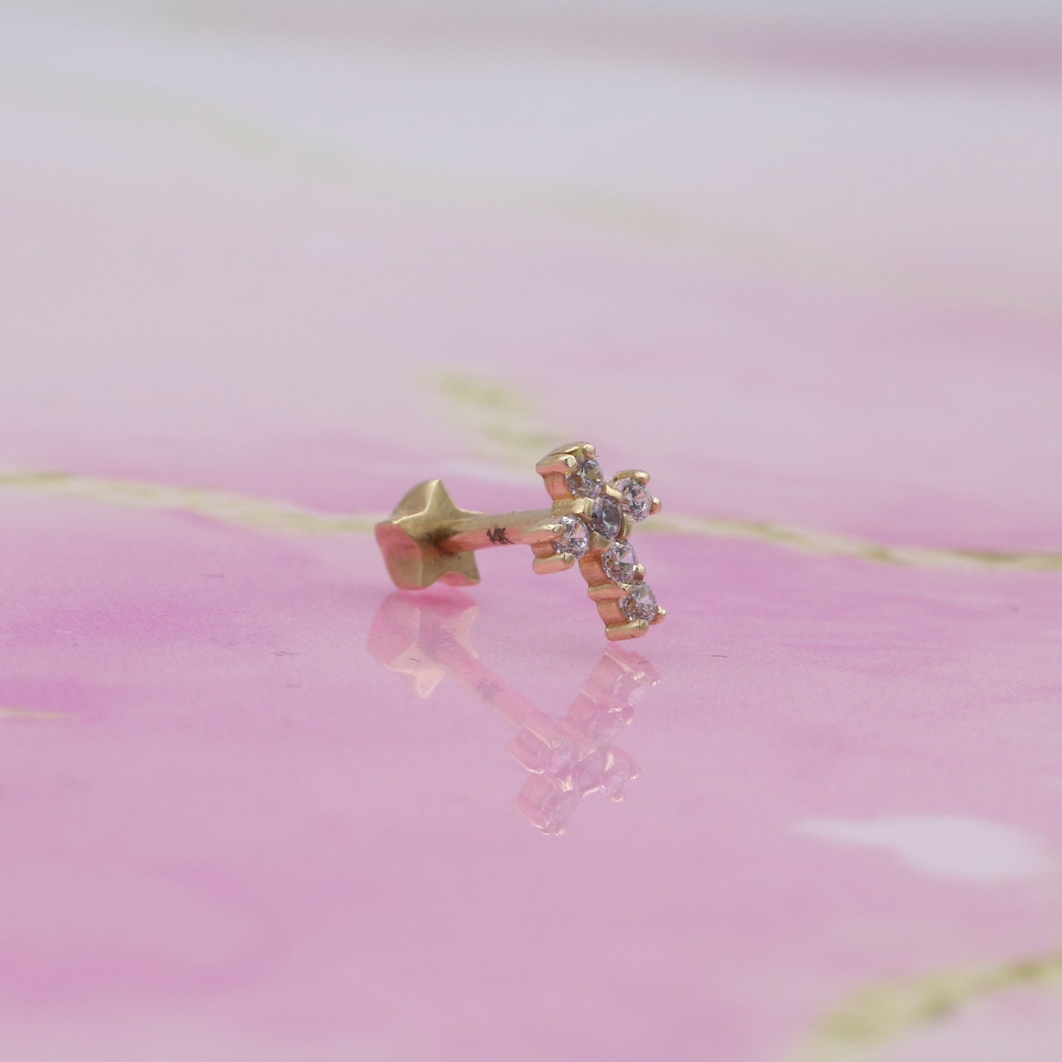 Cross Flatback Ear Piercing 14K Gold with CZ Stone