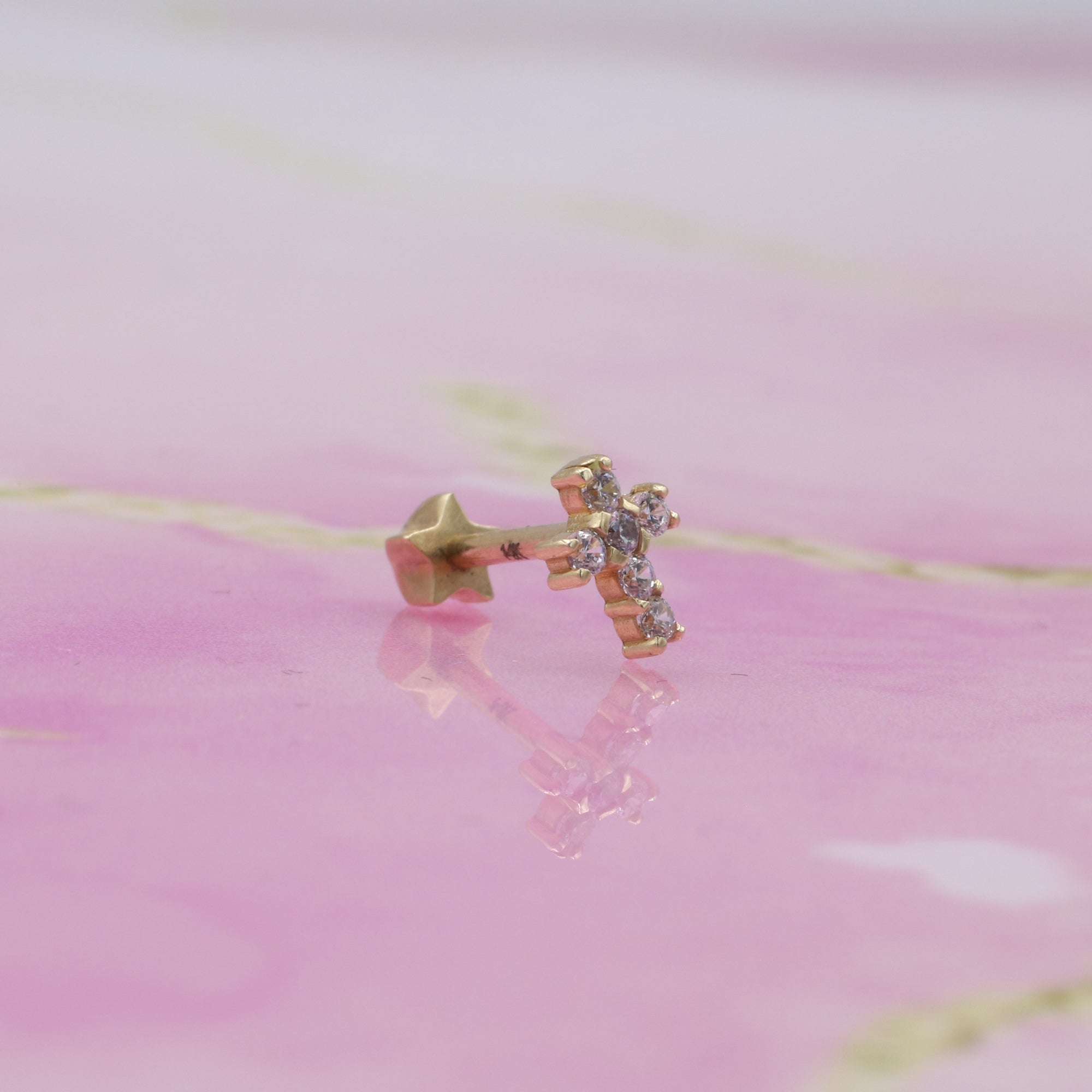 Cross Flatback Ear Piercing 14K Gold with CZ Stone