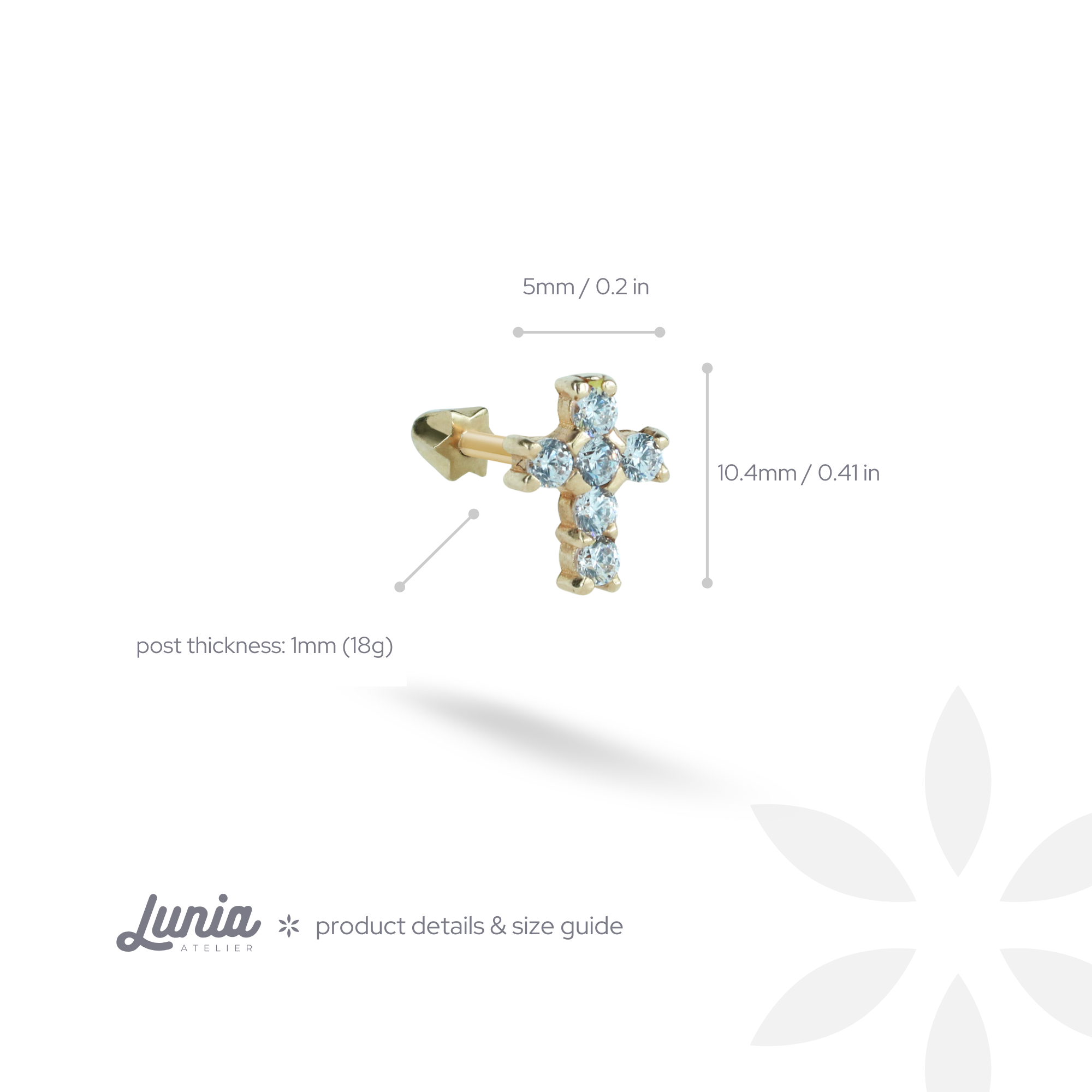 Cross Flatback Ear Piercing 14K Gold with CZ Stone